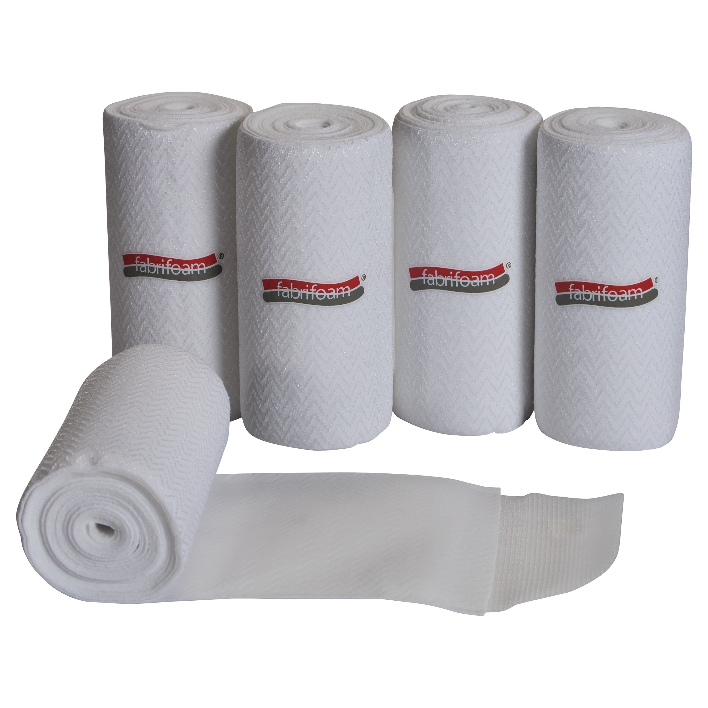 Five rolled SuperWrap Compression Wraps are displayed. Four are upright and one is partially unrolled, revealing its texture.