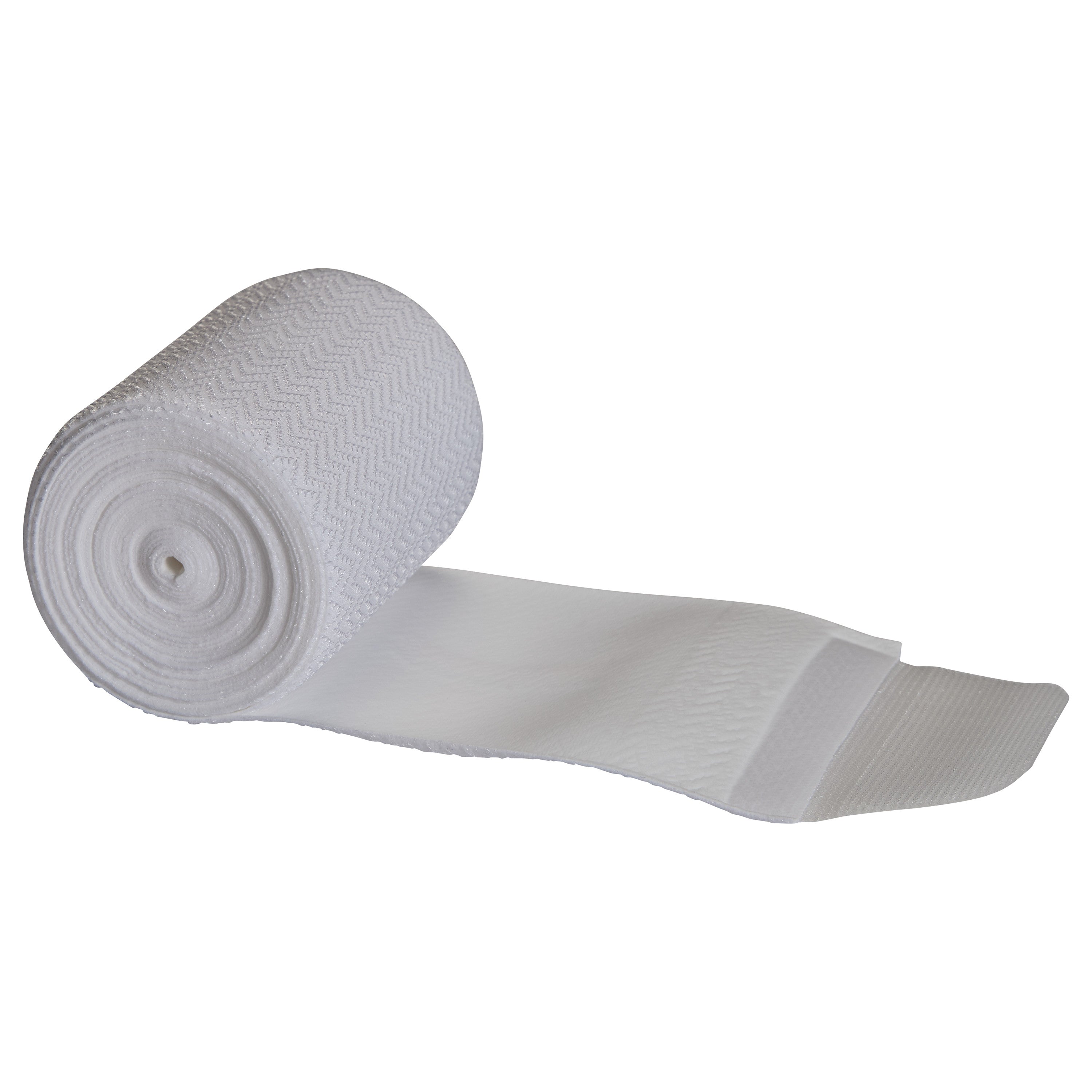 A white SuperWrap Compression Wrap partially unrolled, showing its textured surface and thickness.