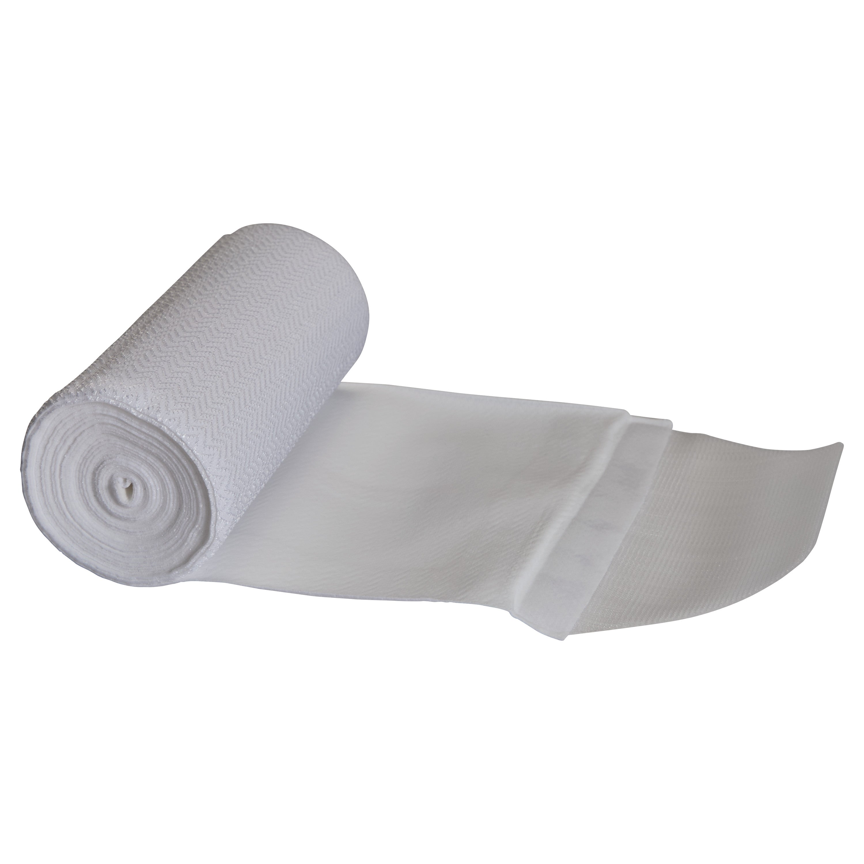 A roll of SuperWrap Compression Wrap, partially unrolled. It shows white fabric with a textured, zigzag pattern.