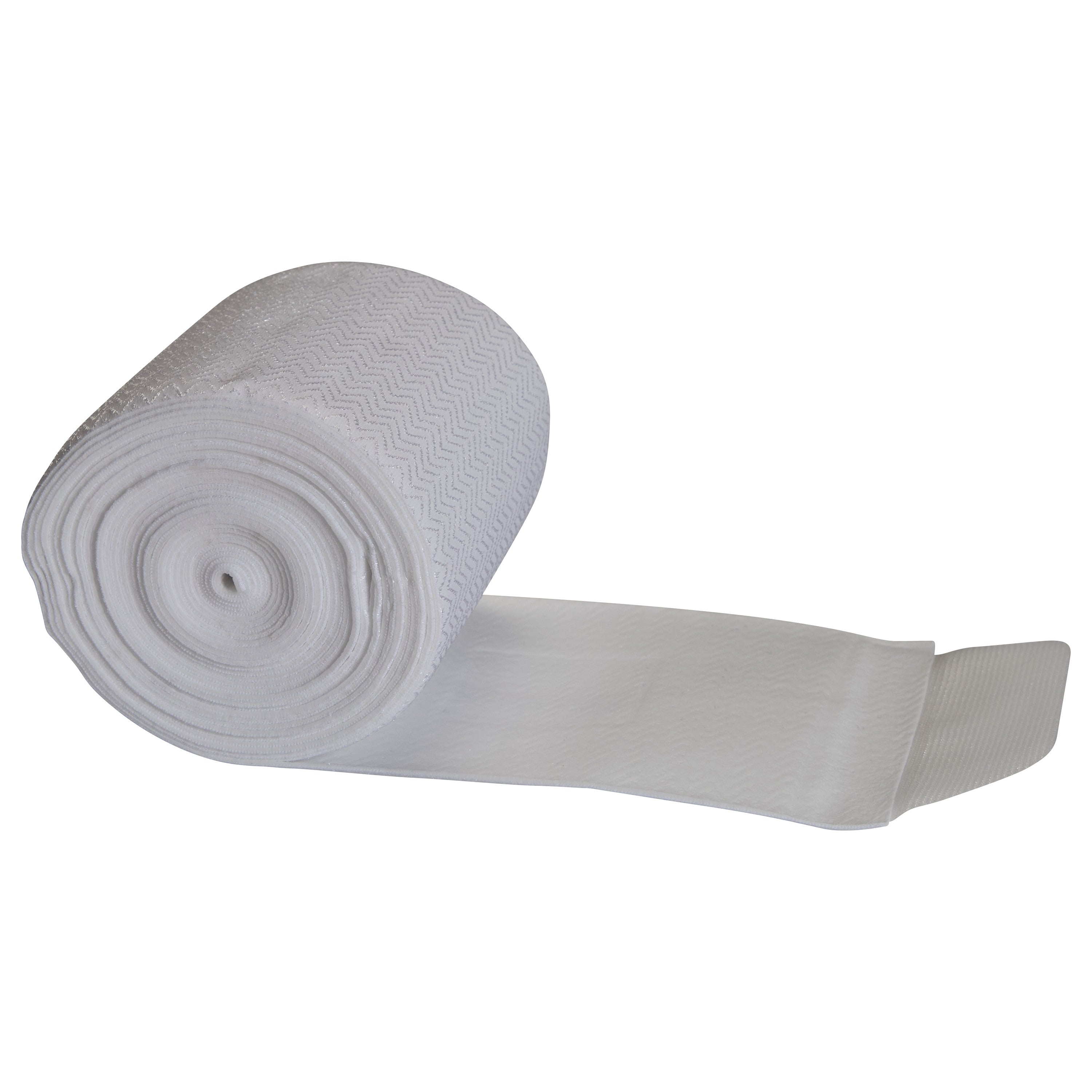 A rolled SuperWrap Compression Wrap is shown with some unrolled, displaying its textured fabric and flat edges.