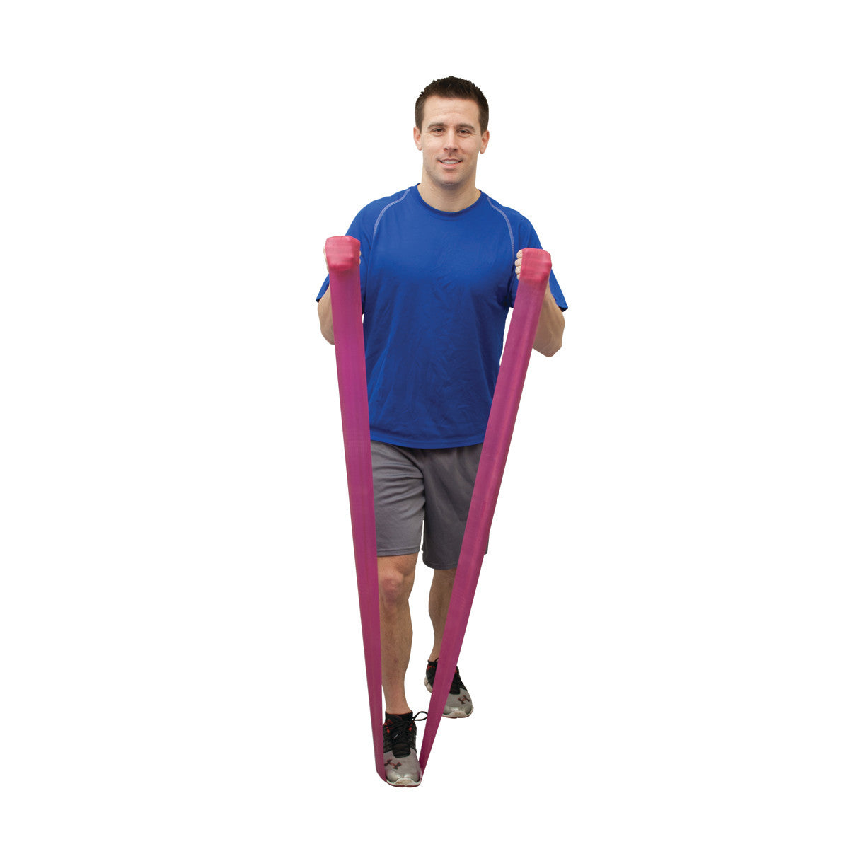 A man exercises with pink CanDo Val-U-Band Non-Latex Exercise Band, wearing a blue shirt, grey shorts, and sneakers.