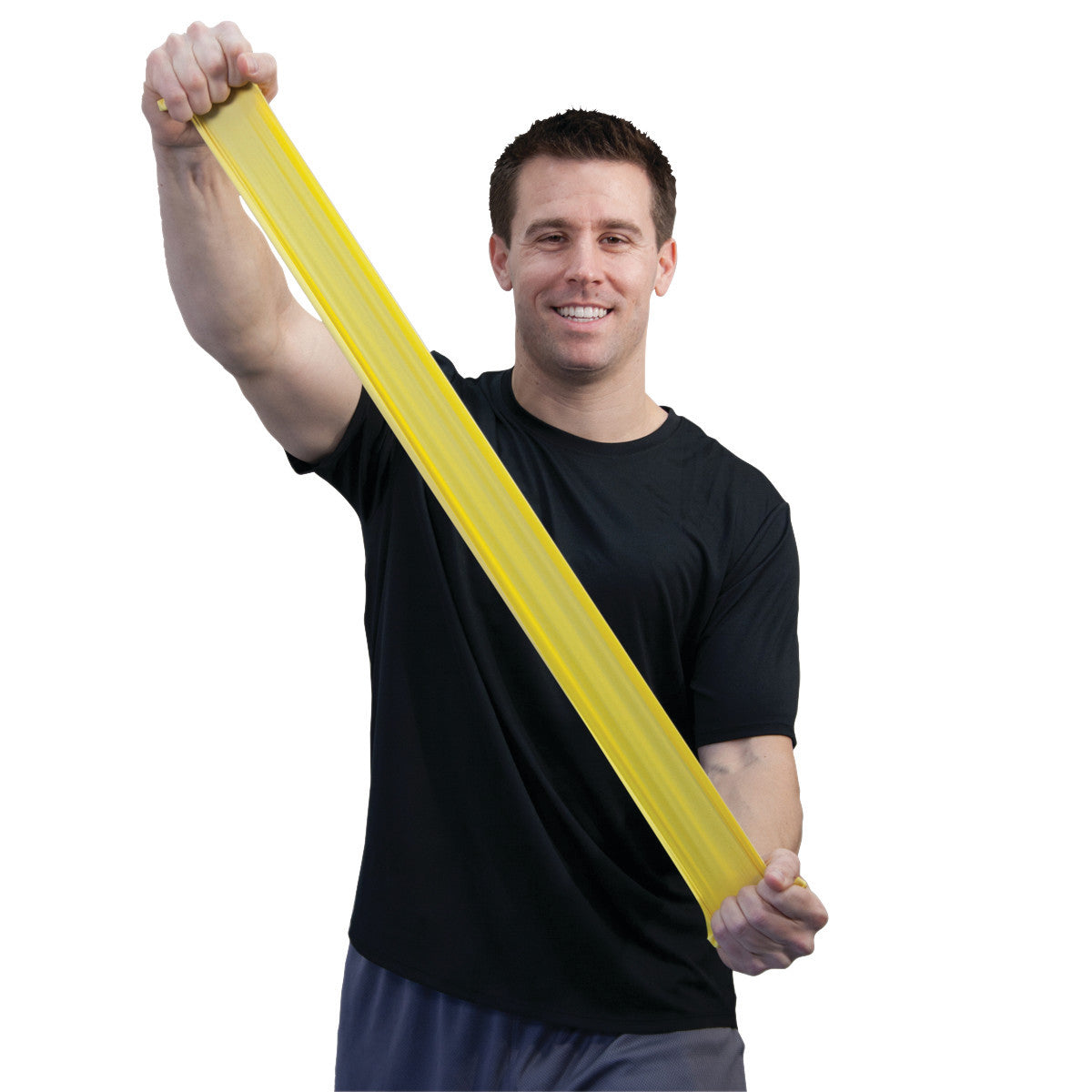 A person stretches a yellow "CanDo Sup-R Band Non-Latex Exercise Band" while wearing a black shirt, against a plain background.