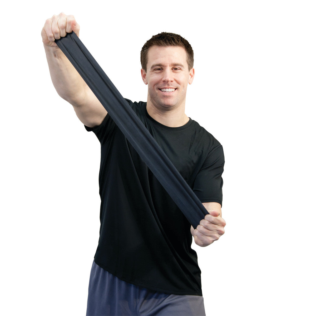 A man demonstrates the CanDo Sup-R Band Non-Latex Exercise Band by stretching it with both hands.