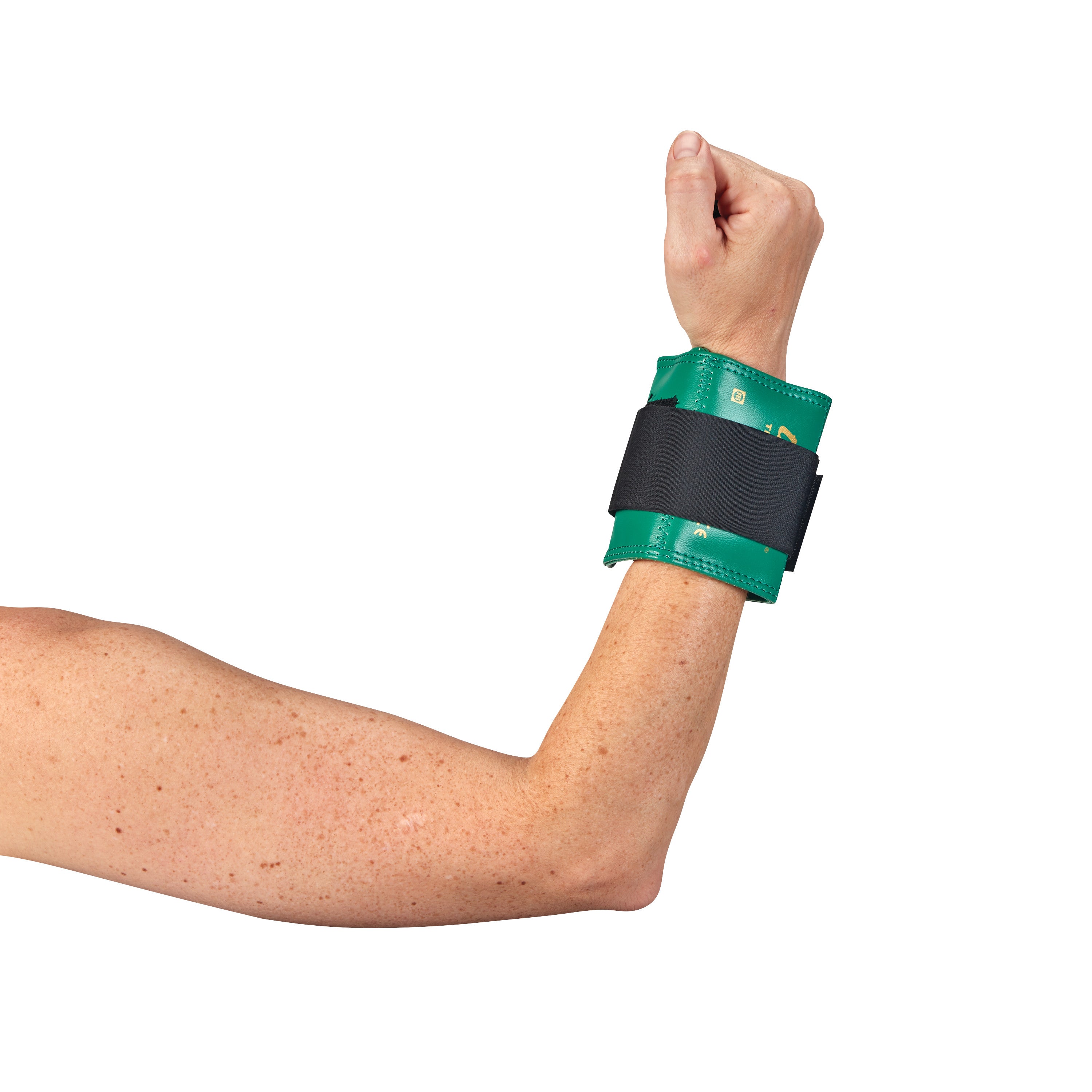A person's arm flexed upwards wearing an AliMed Color-Coded Cuff Weight in green with a black strap around the wrist.