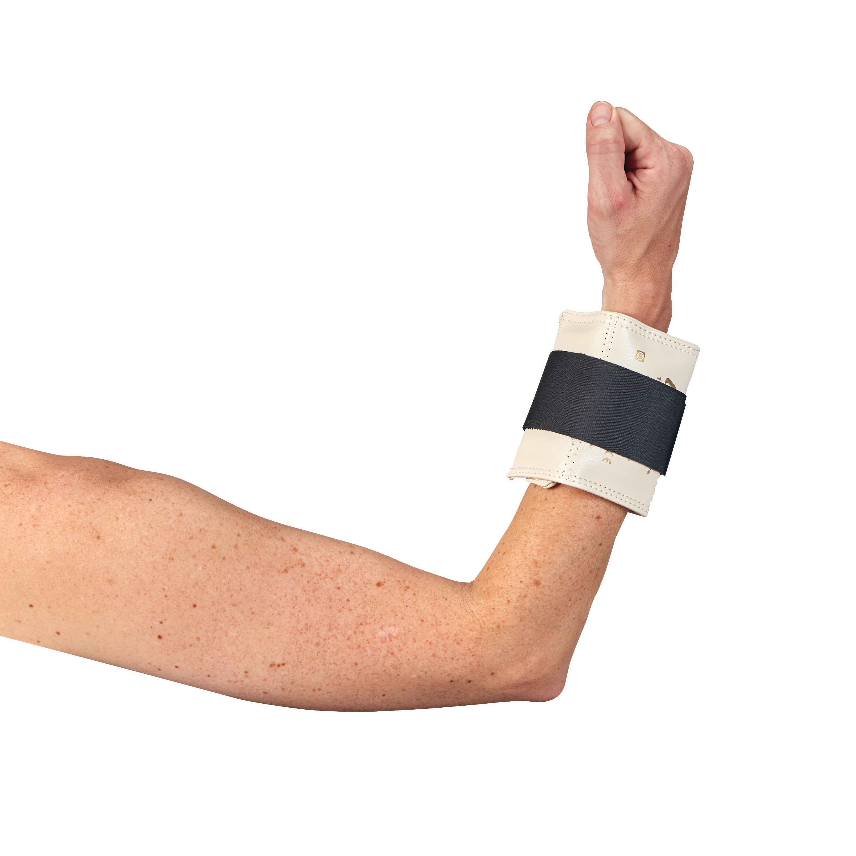 A person's arm is shown wearing an AliMed Color-Coded Cuff Weight, which is beige with a black strap, against a white background.