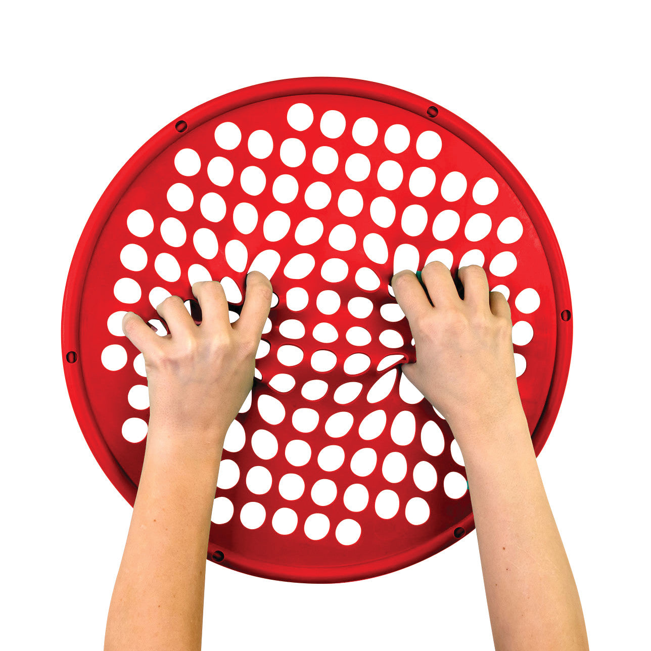 Two hands stretch a red CanDo Hand Exercise Web with oval holes, designed for hand therapy and strengthening exercises.