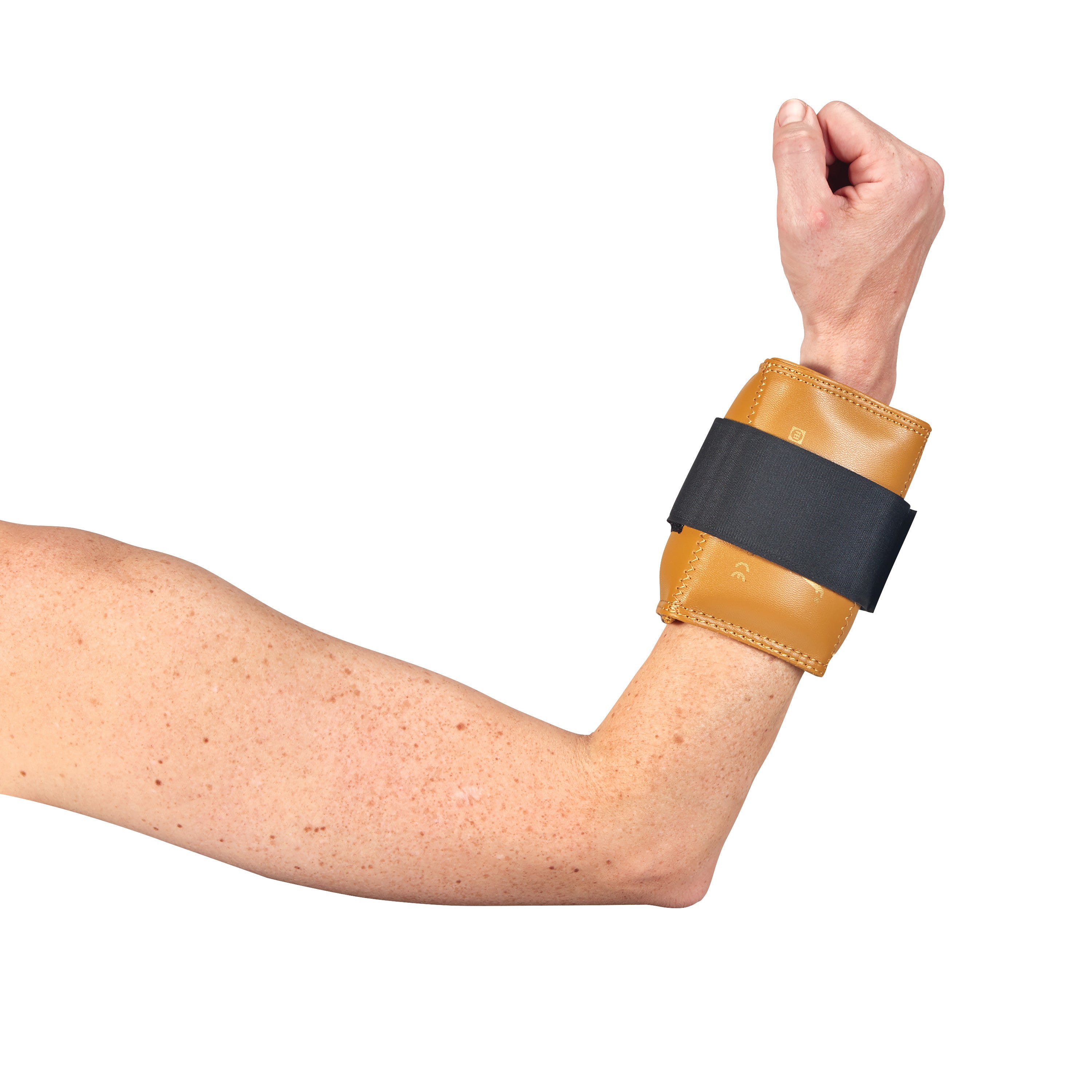 An arm wearing an AliMed Color-Coded Cuff Weight in tan with a black strap, positioned on the wrist, against a white background.