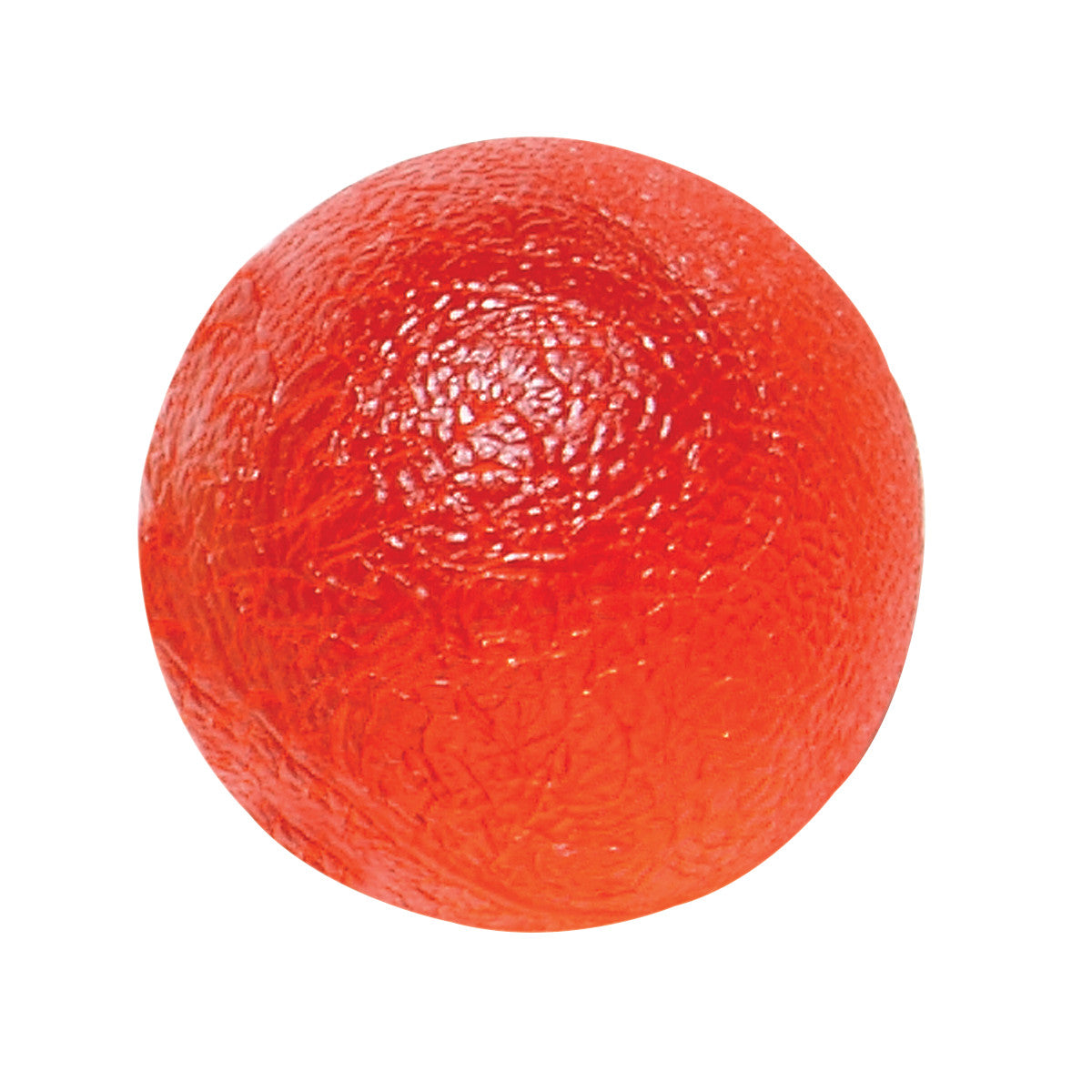 Red textured sphere, CanDo Gel Squeeze Ball, designed for hand exercises and stress relief, shown against a white background.