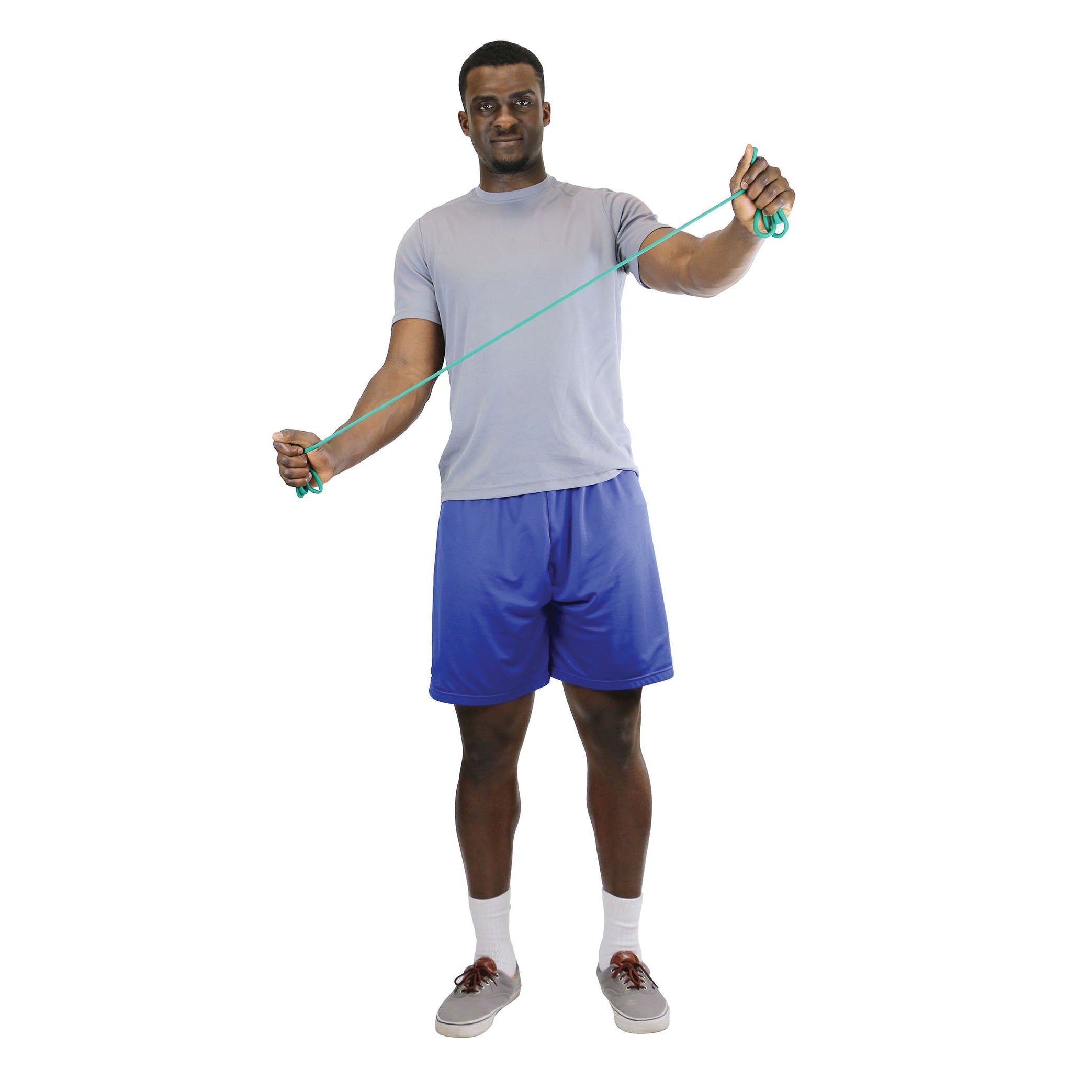 Man using CanDo Exercise Tubing in teal, wearing a gray shirt and blue shorts, performing an arm resistance exercise.