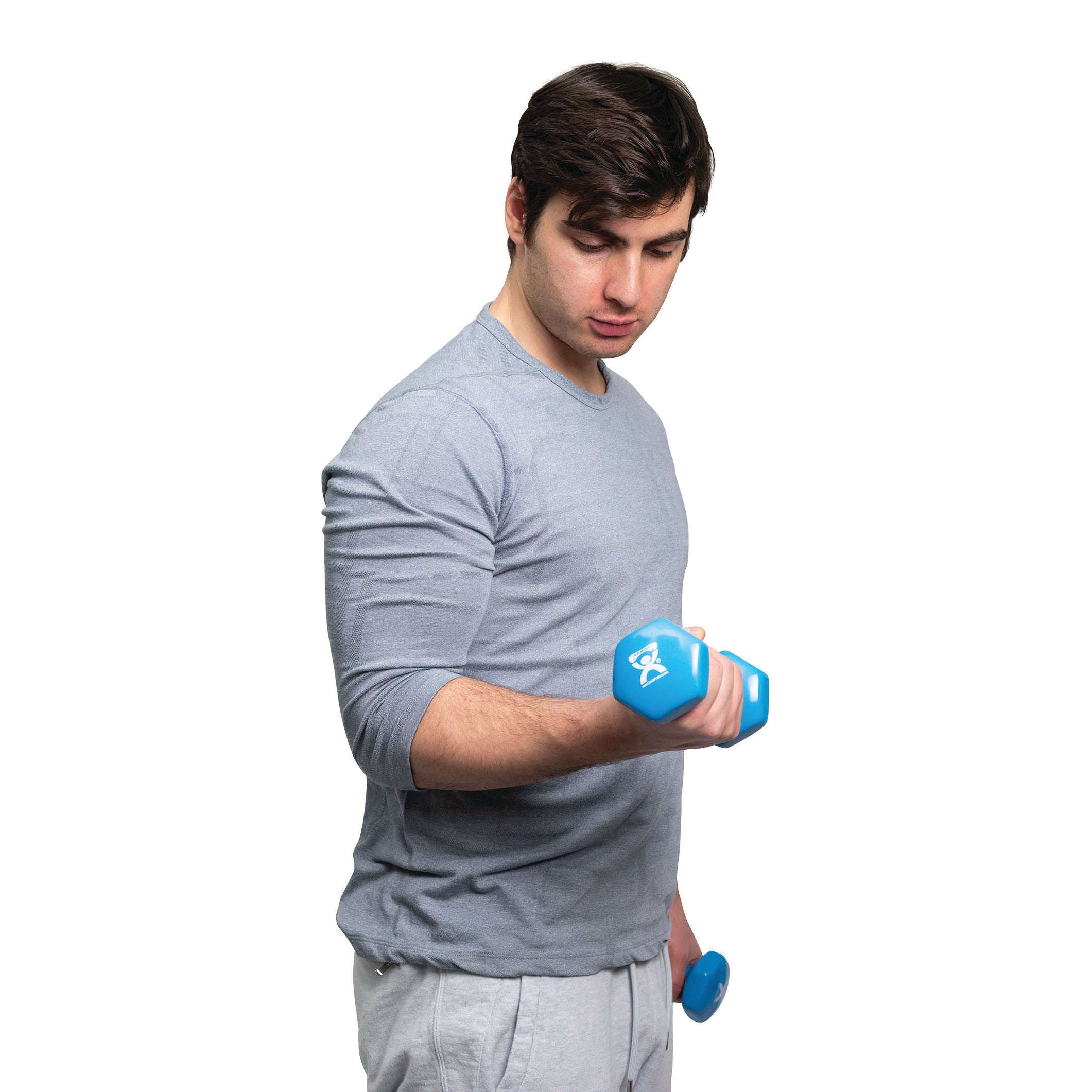 A person exercises with a CanDo Vinyl-Coated Dumbbell, blue in color, wearing a gray long-sleeve shirt and light pants.