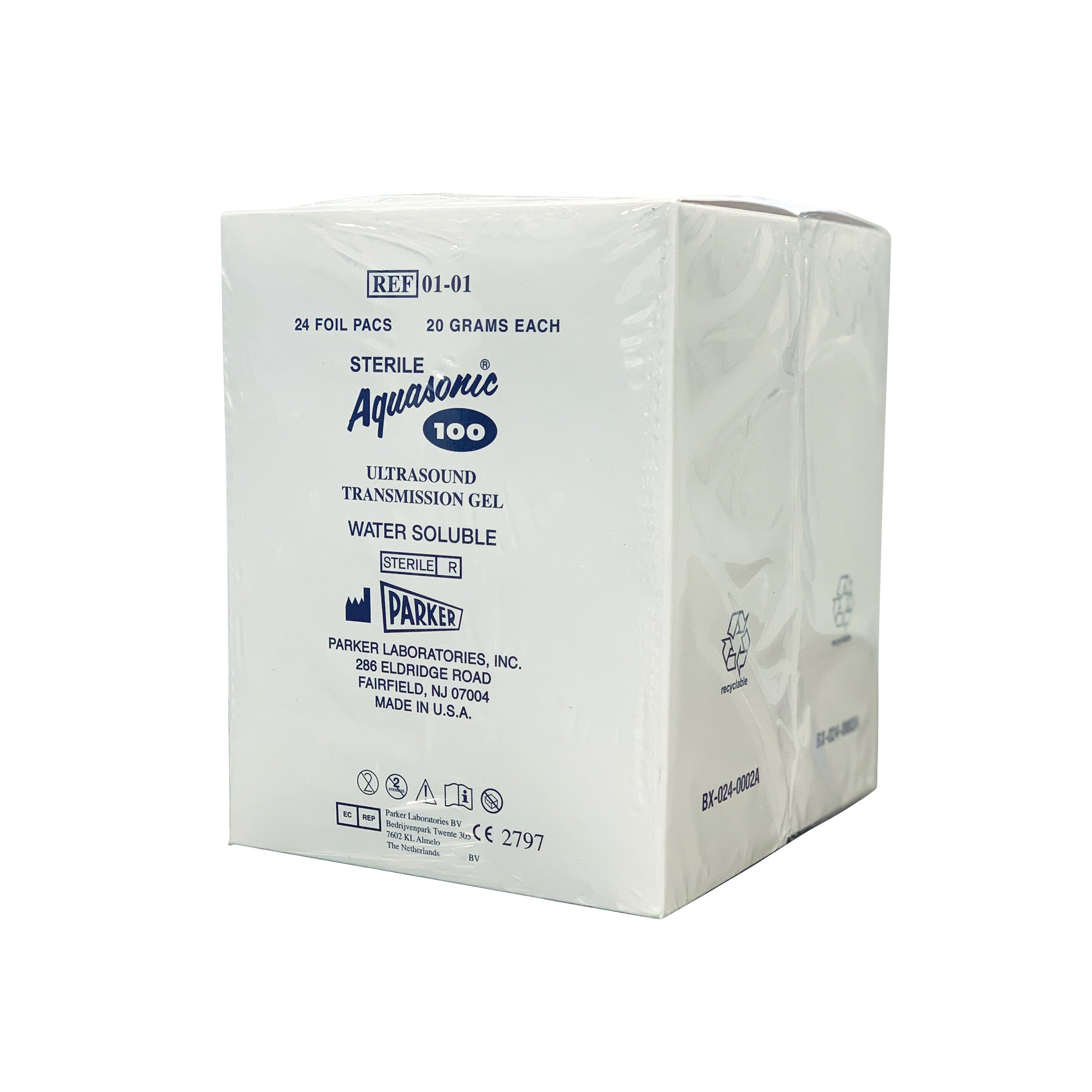Box of Parker Labs Aquasonic 100 Transmission Gel, containing 24 foil packs, each 20 grams. Made in the USA.