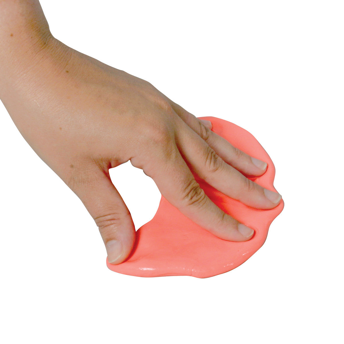 A hand presses on pink putty, part of the AliMed Therapy Putty Pack Kit, against a white background.
