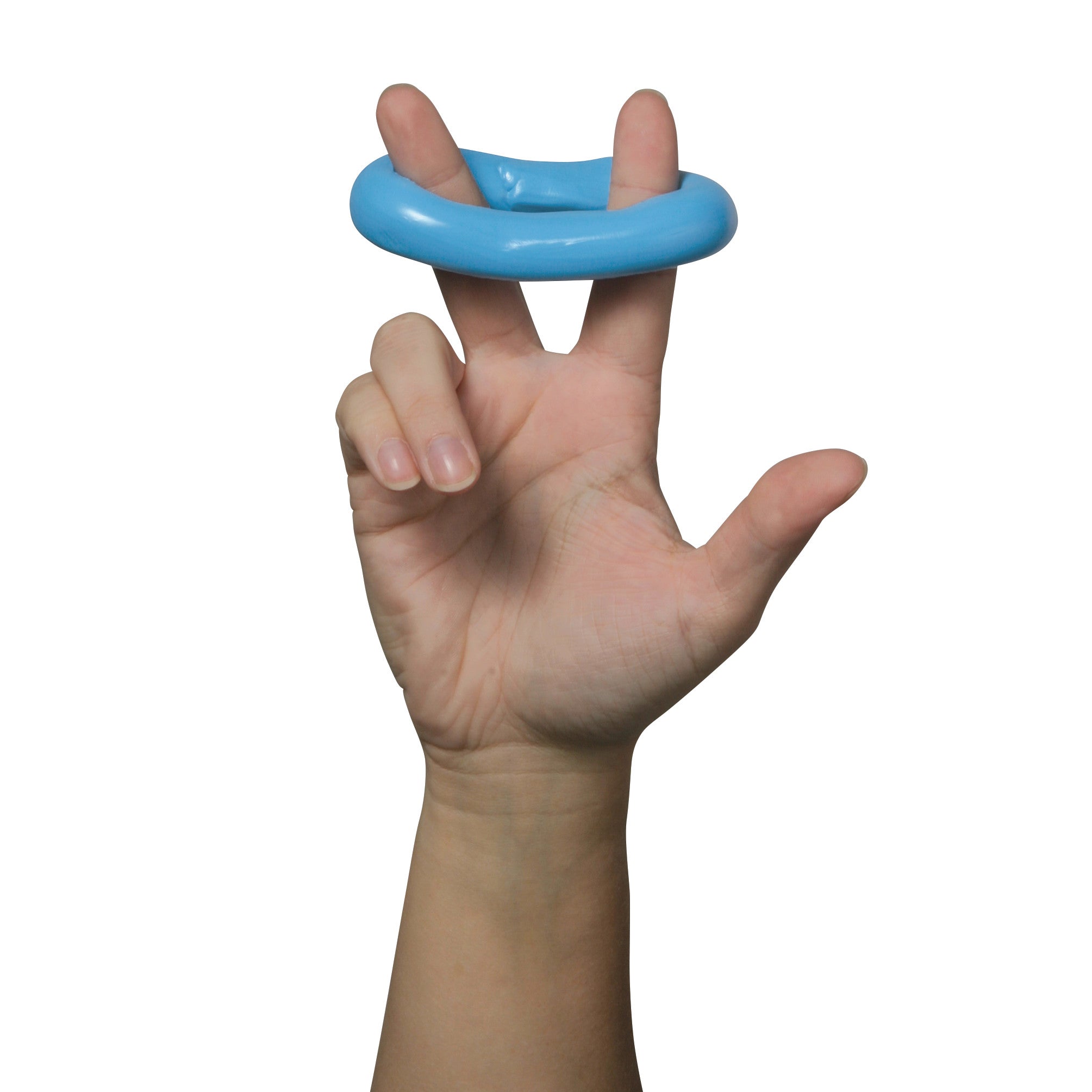 A hand holds a blue ring of AliMed Therapy Putty Pack Kit between fingers, on a white background.