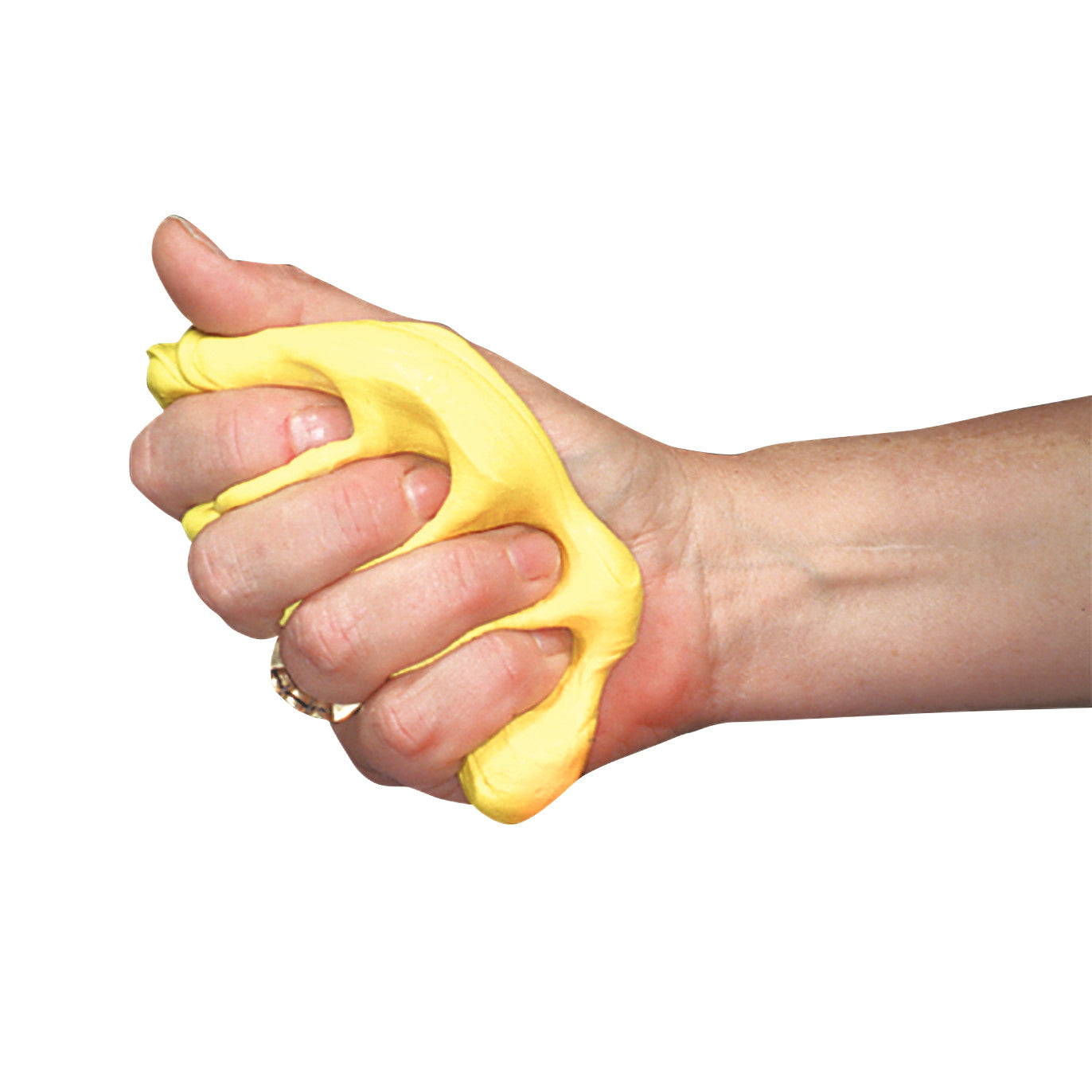 A hand squeezes bright yellow AliMed Color-Coded Therapy Putty, showing its soft, moldable texture against a white background.
