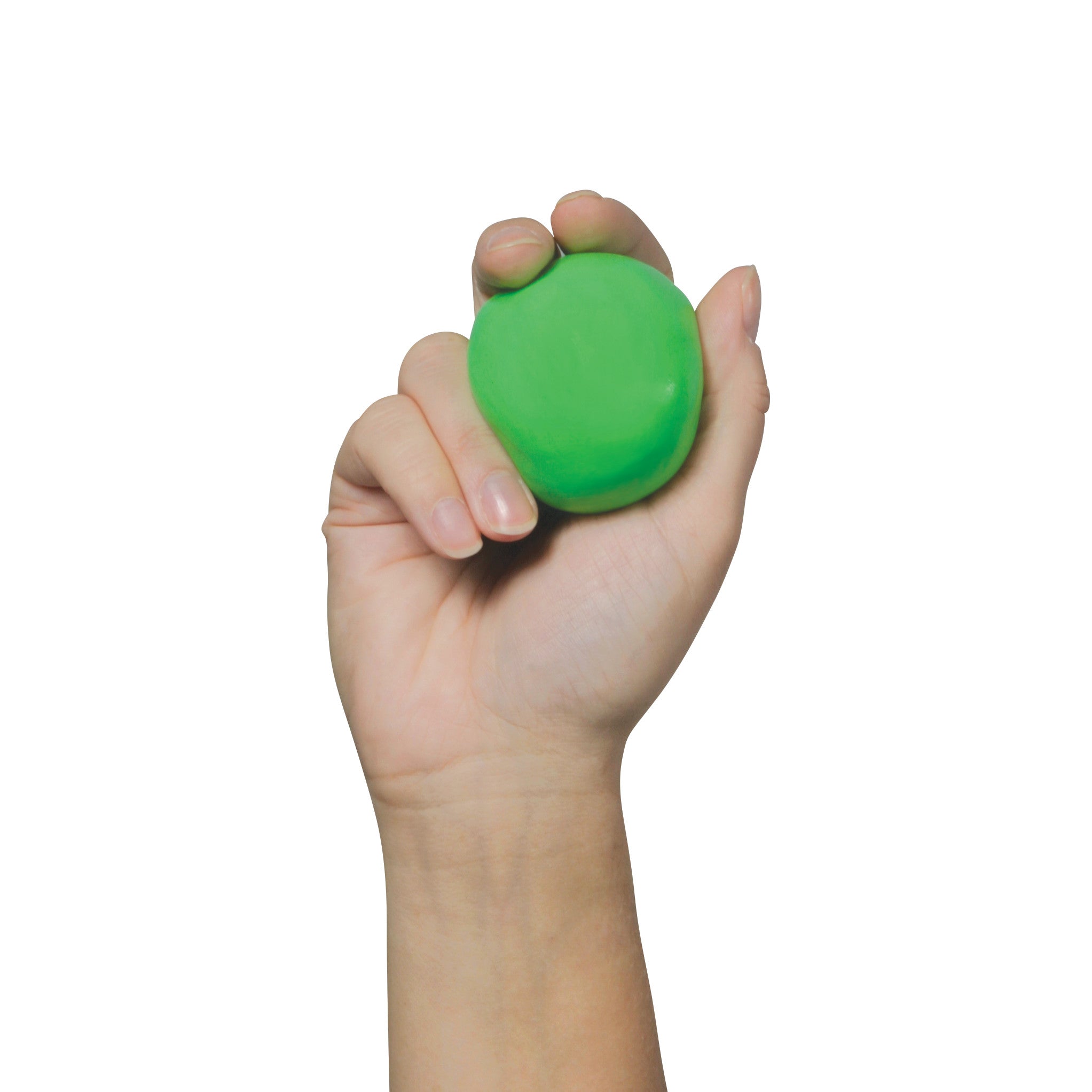 A hand holds AliMed Color-Coded Therapy Putty, shown in bright green, against a white background.