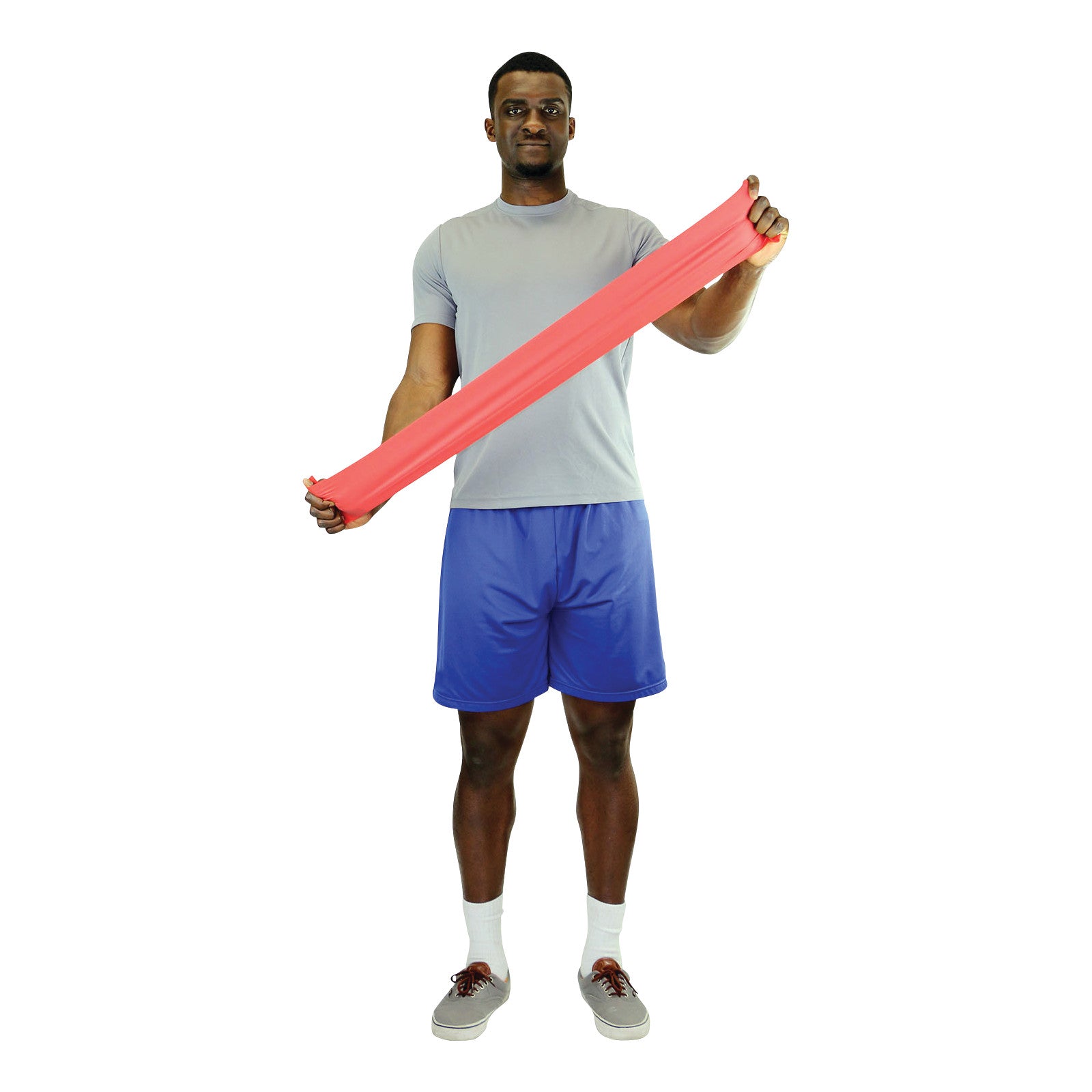 A person exercises with a red CanDo Latex Exercise Band, wearing a gray shirt and blue shorts against a white background.