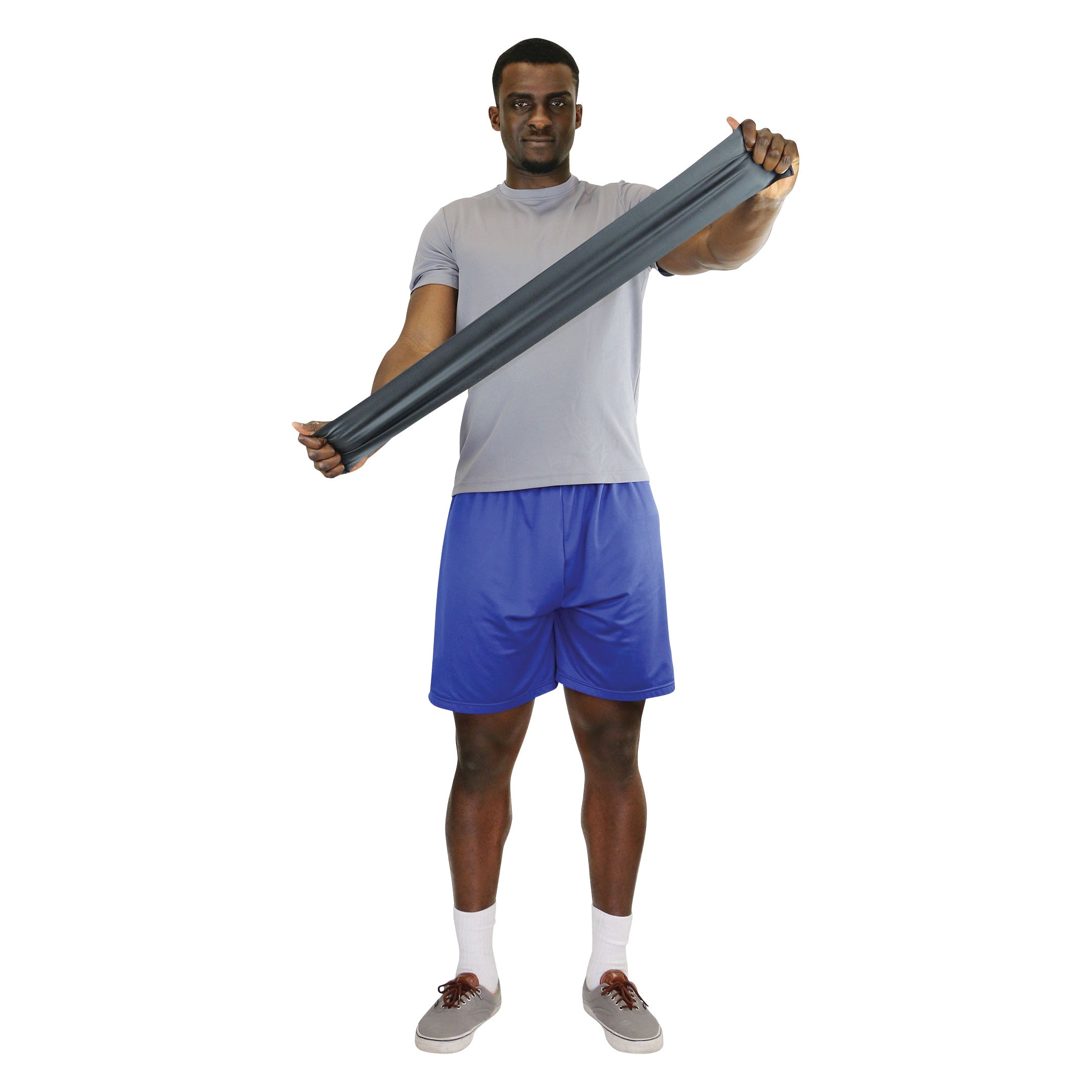 A person uses a CanDo Latex Exercise Band, holding it stretched horizontally. They wear a gray shirt and blue shorts.