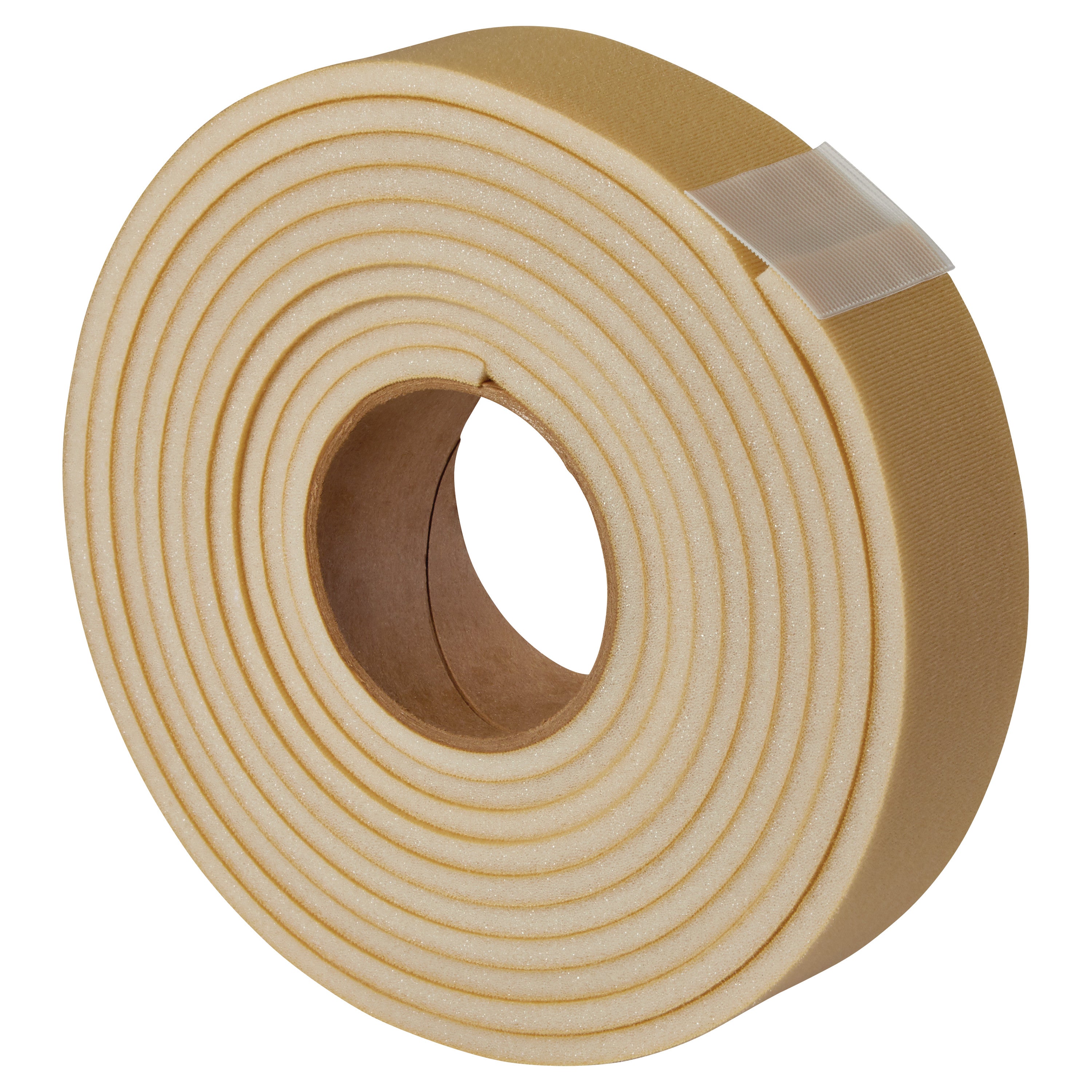 A roll of Velfoam #2 Padded Loop, beige foam strip with a sticky backing, used for cushioning and strapping applications.
