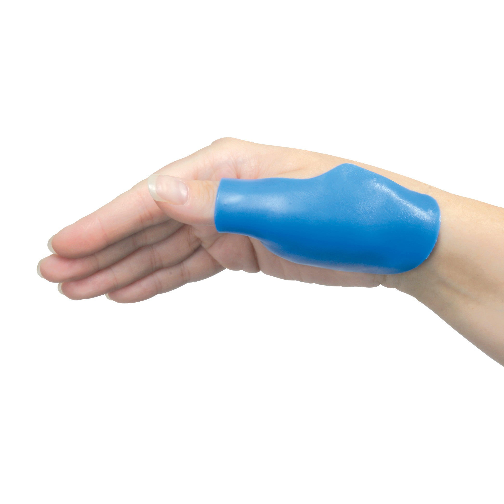 A hand wears a blue AliMed Custom-Molded Thumb Splint, providing support to the thumb and wrist area.