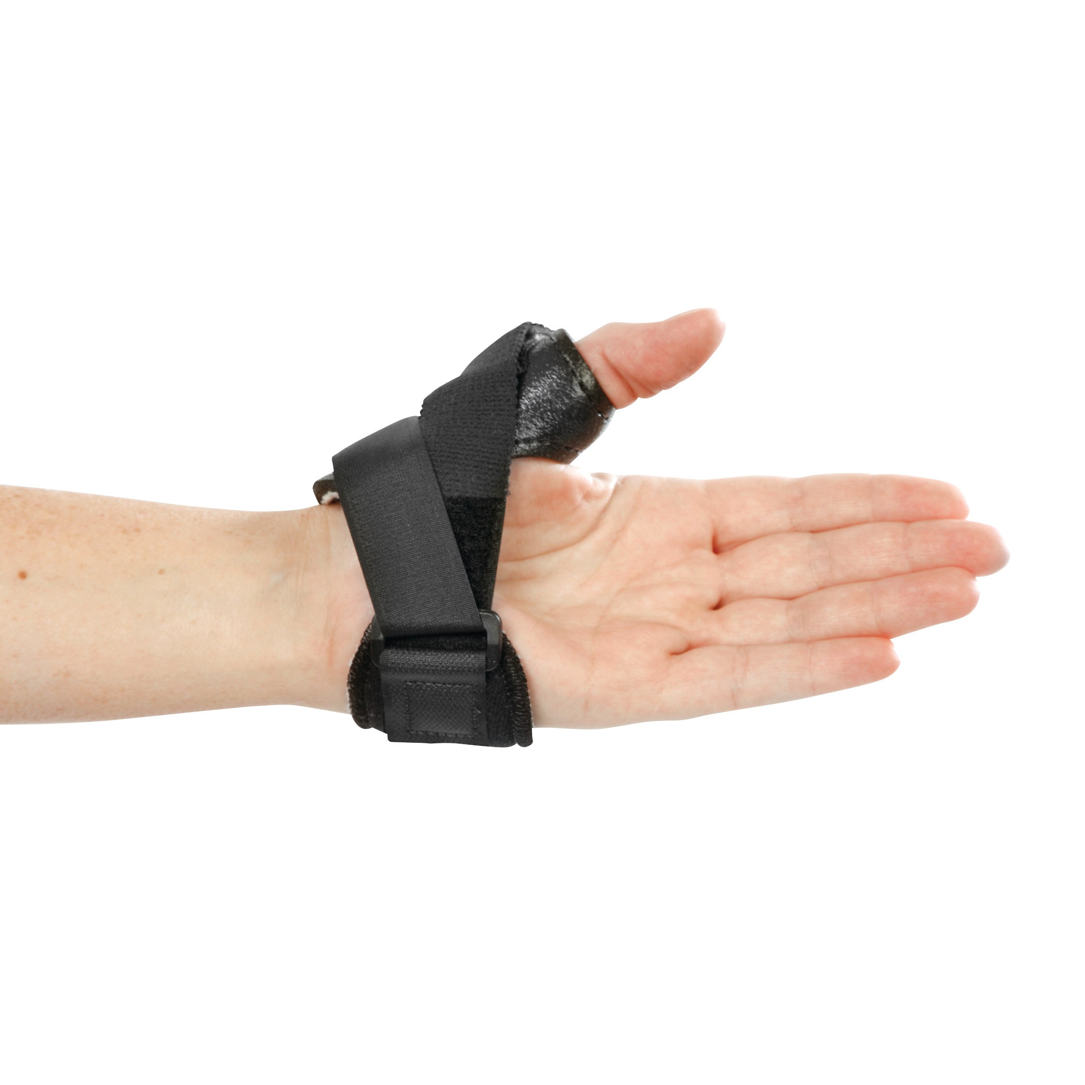 A hand wearing the AliMed FREEDOM Thumb Stabilizer, featuring black straps and support for thumb immobilization.