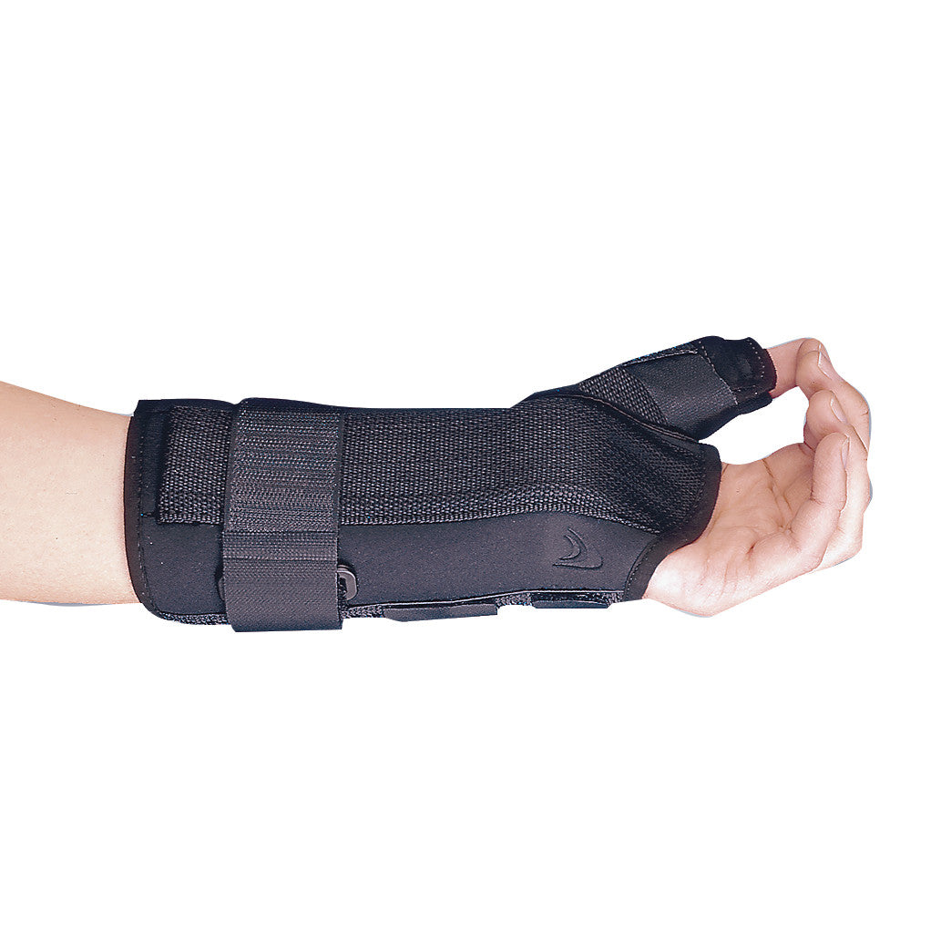 A person's forearm and hand wearing an Ossur Formfit Thumb Spica Splint, featuring a black support brace with straps.