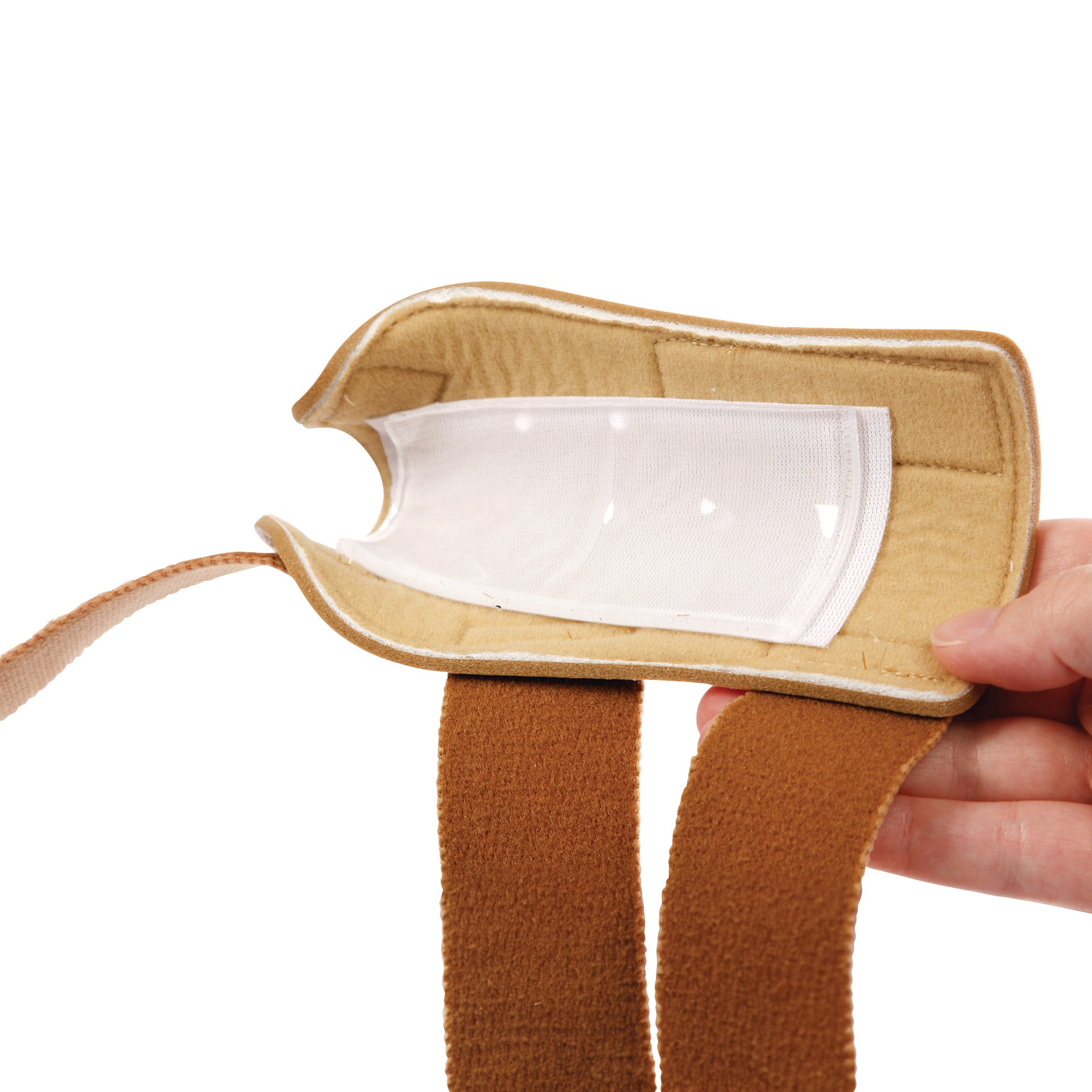 A person holds the AliMed FREEDOM SoftGel Thumb Spica, an orthopedic support with a soft lining and adjustable straps.