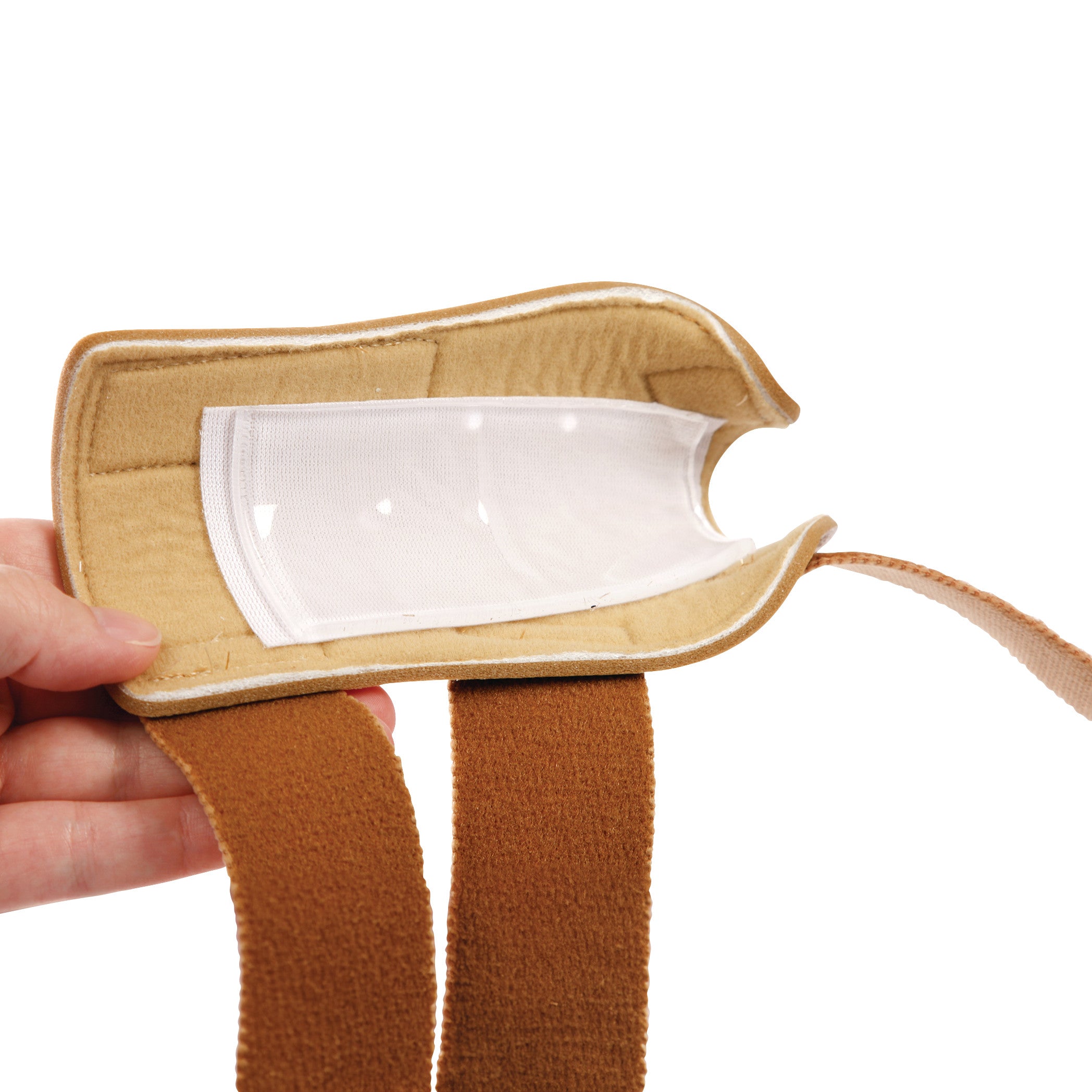 The AliMed FREEDOM SoftGel Thumb Spica, a beige thumb brace with softgel padding and straps for support.