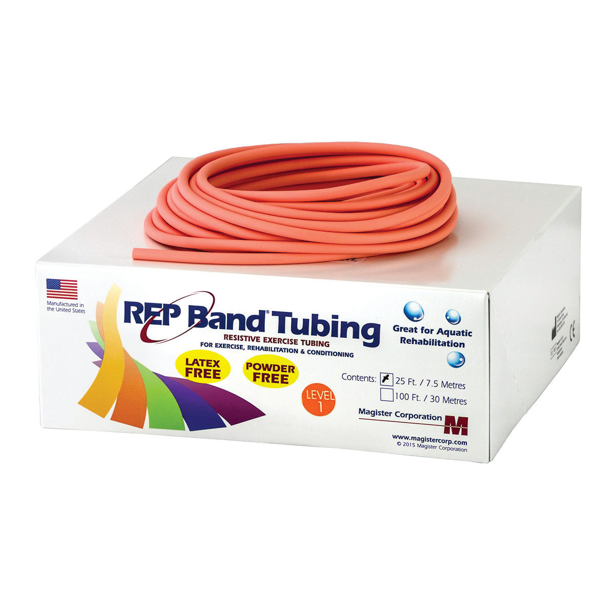 A box of REP Band Non-Latex Tubing, featuring a coiled pink tube. It is labeled as latex-free and powder-free, Level 1.