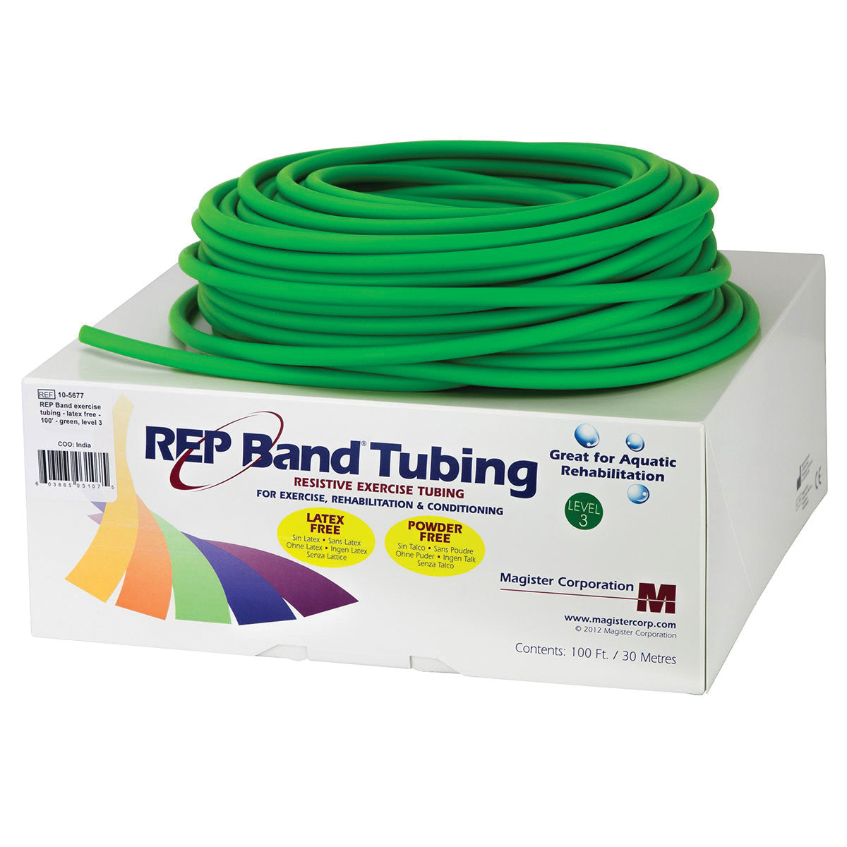 Coiled green REP Band Non-Latex Tubing on a white box labeled for exercise, rehabilitation, and conditioning, 100 ft/30 meters.