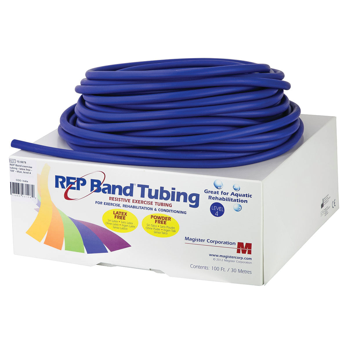 Coiled blue REP Band Non-Latex Tubing resting on a white box, labeled for exercise, rehabilitation, and conditioning.