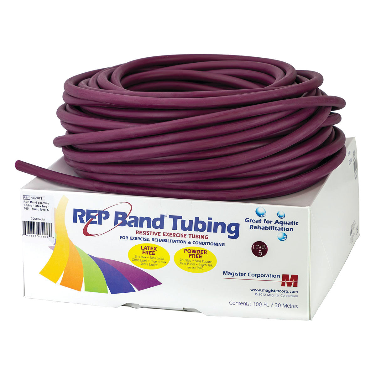 Roll of REP Band Non-Latex Tubing in purple, resting on a branded box. The tubing is used for exercise and rehabilitation.