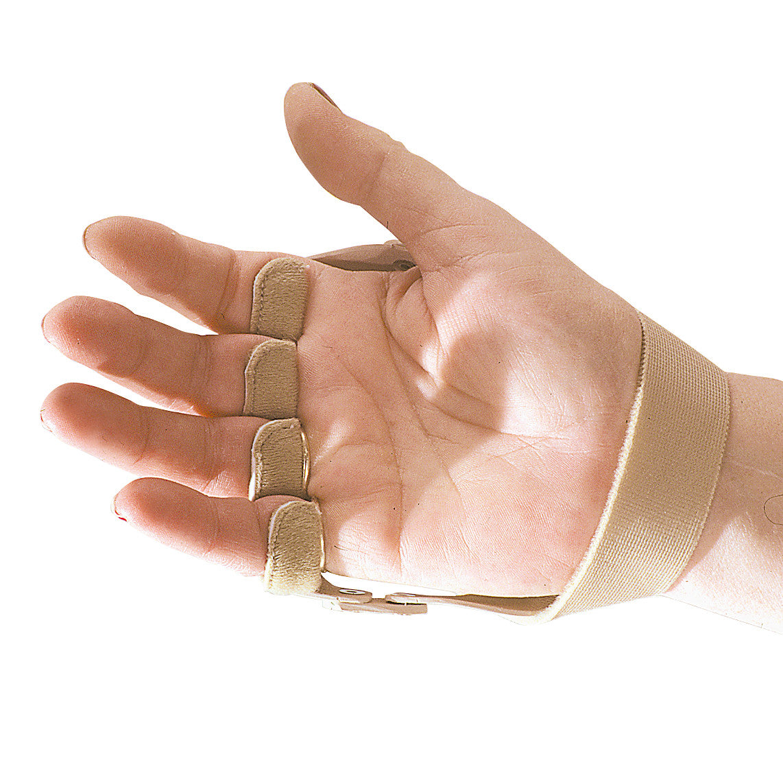 A hand wearing a 3pp Polycentric Hinged Ulnar Deviation Splint, with beige straps around the fingers and wrist for support.