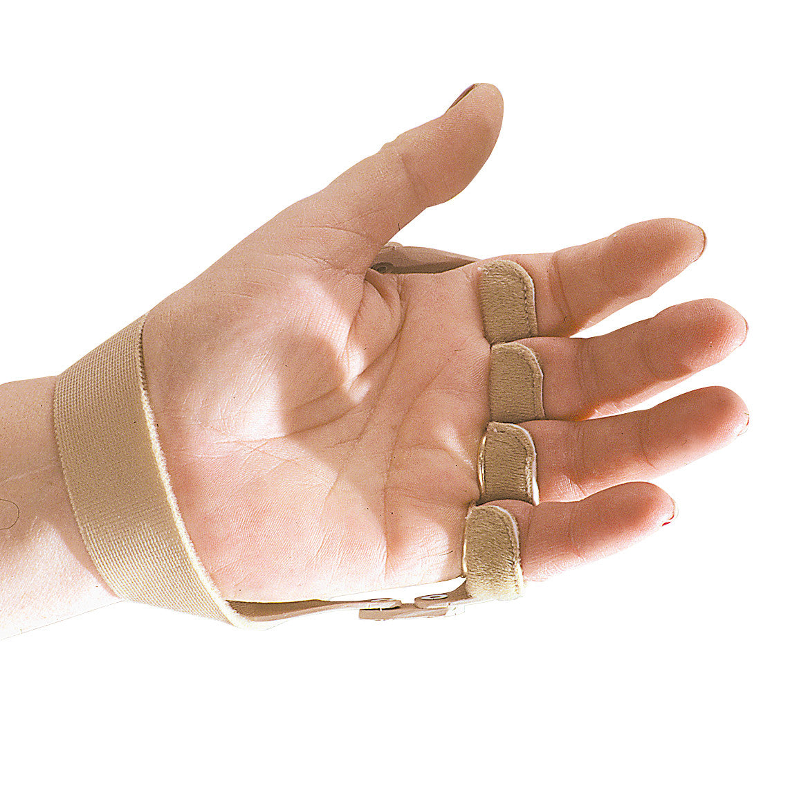 A hand wearing the 3pp Polycentric Hinged Ulnar Deviation Splint, featuring beige straps around the fingers and wrist for support.