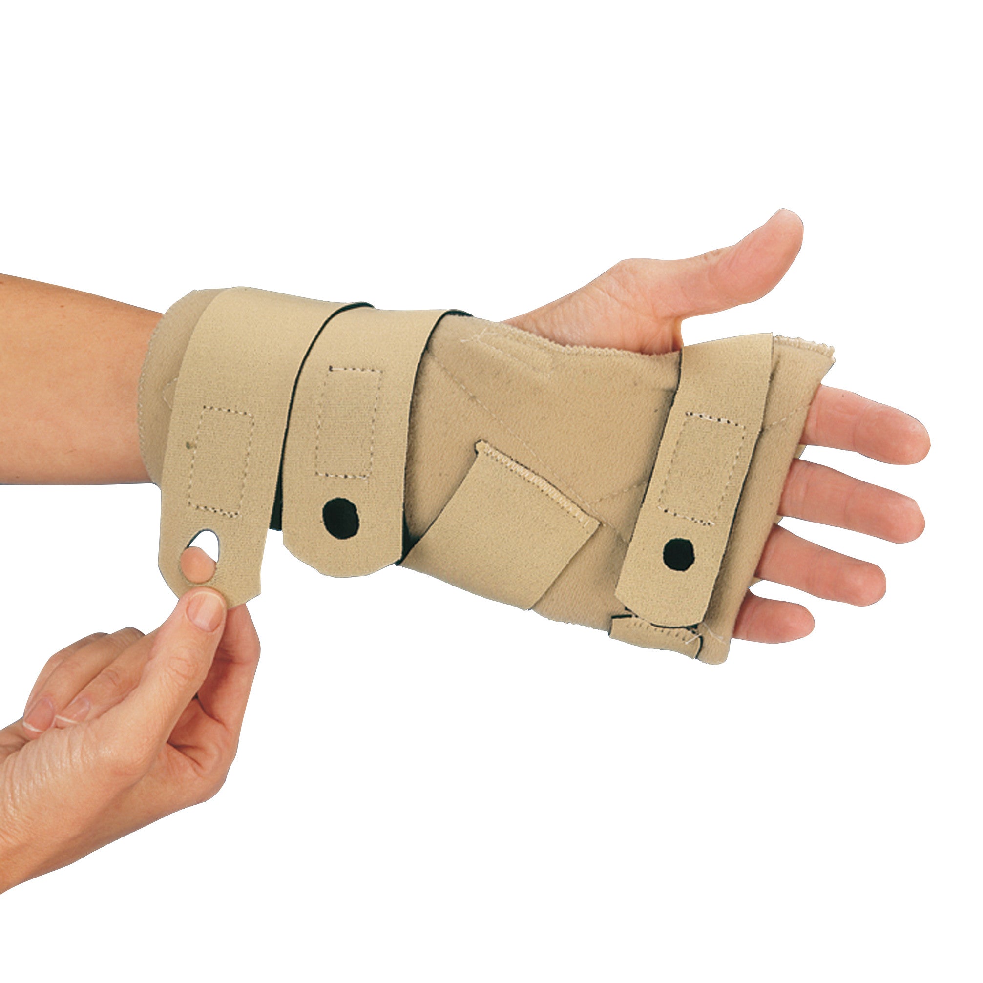 A hand is shown wearing a beige 3pp Comforter Splint with adjustable straps, providing wrist support.