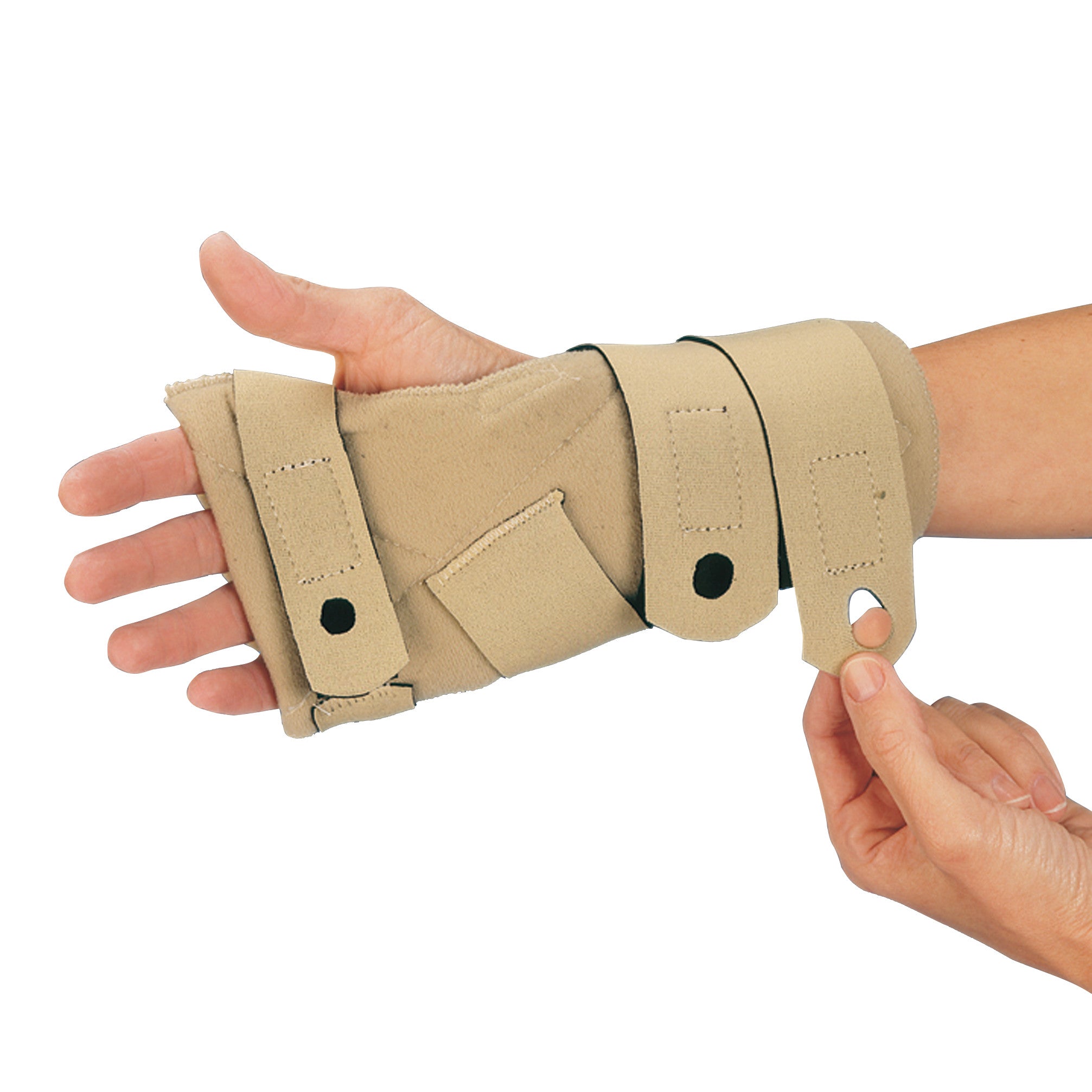 A hand wearing a beige 3pp Comforter Splint with adjustable straps, designed for wrist support and comfort.