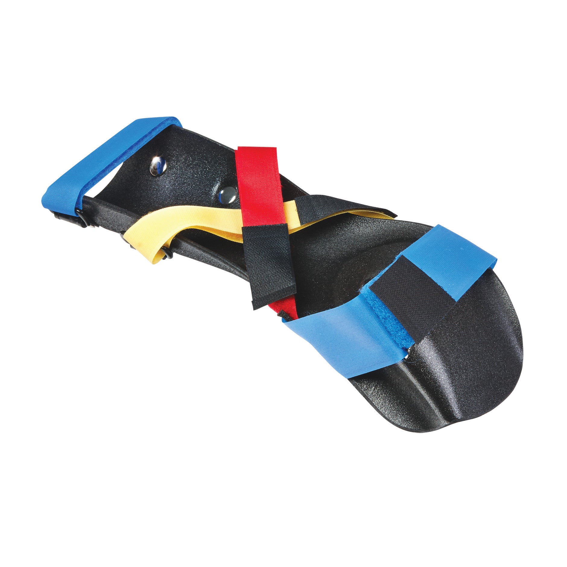 AliMed AliLite Functional-Position Hand Splint with colorful straps: blue, red, and yellow on a black base.