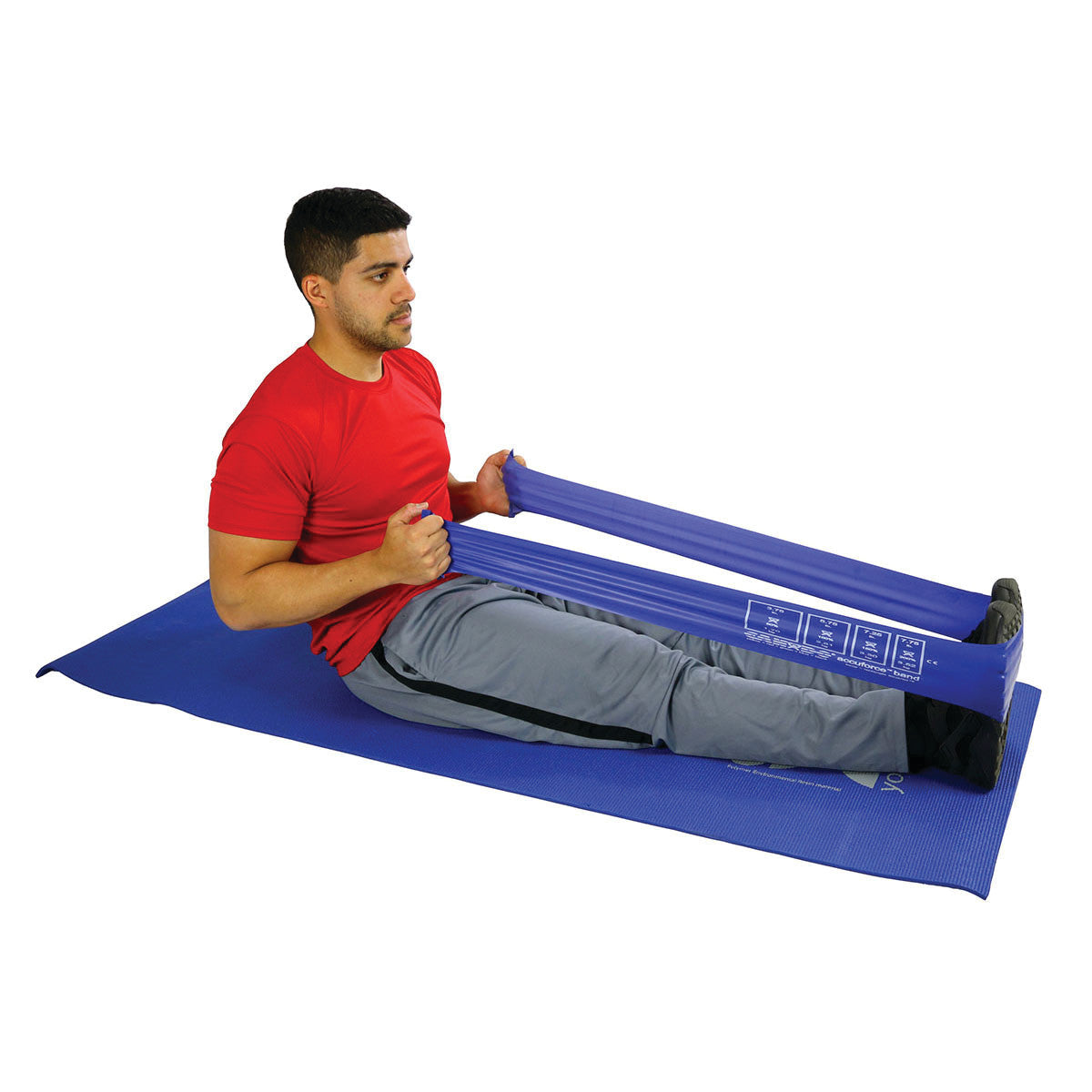 A man uses the CanDo AccuForce Latex Exercise Band while seated on a blue mat, stretching the band with his hands.