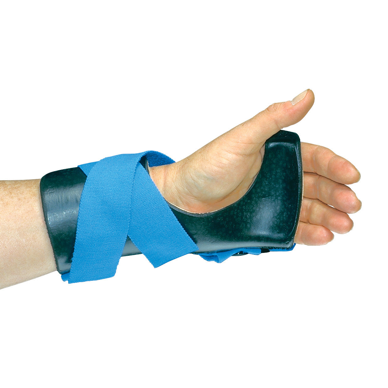 A hand wears the AliMed Long Ulnar Deviation Wrist Splint, featuring a black brace and blue straps for support and alignment.