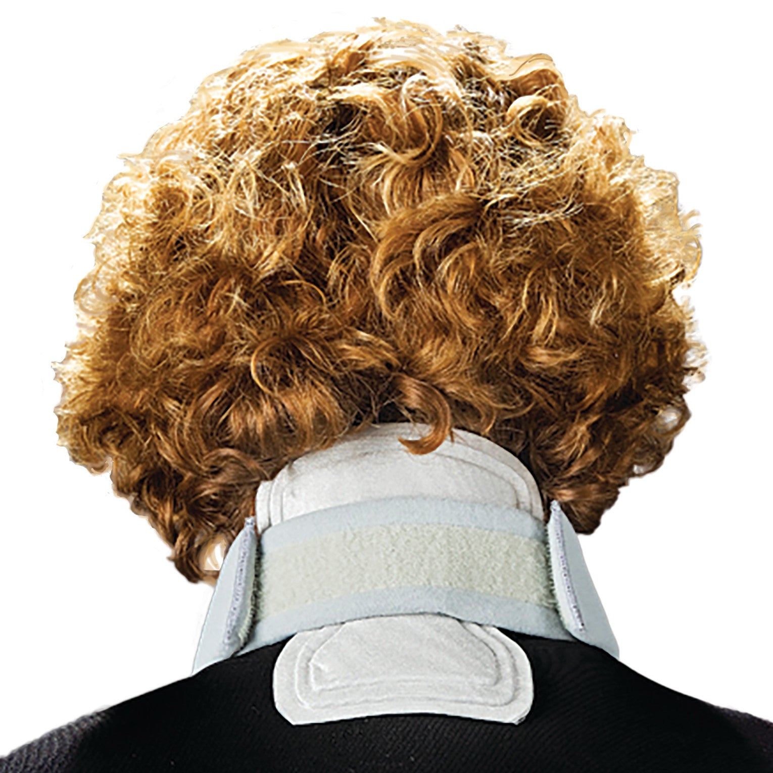 Curly-haired person wearing a Neck Pad for Headmaster Collar, viewed from behind, showing neck support and straps.