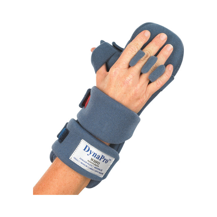 A person wears an OCSI DynaPro Finger Flex WHFO brace on their hand and wrist, with blue covering and adjustable straps.