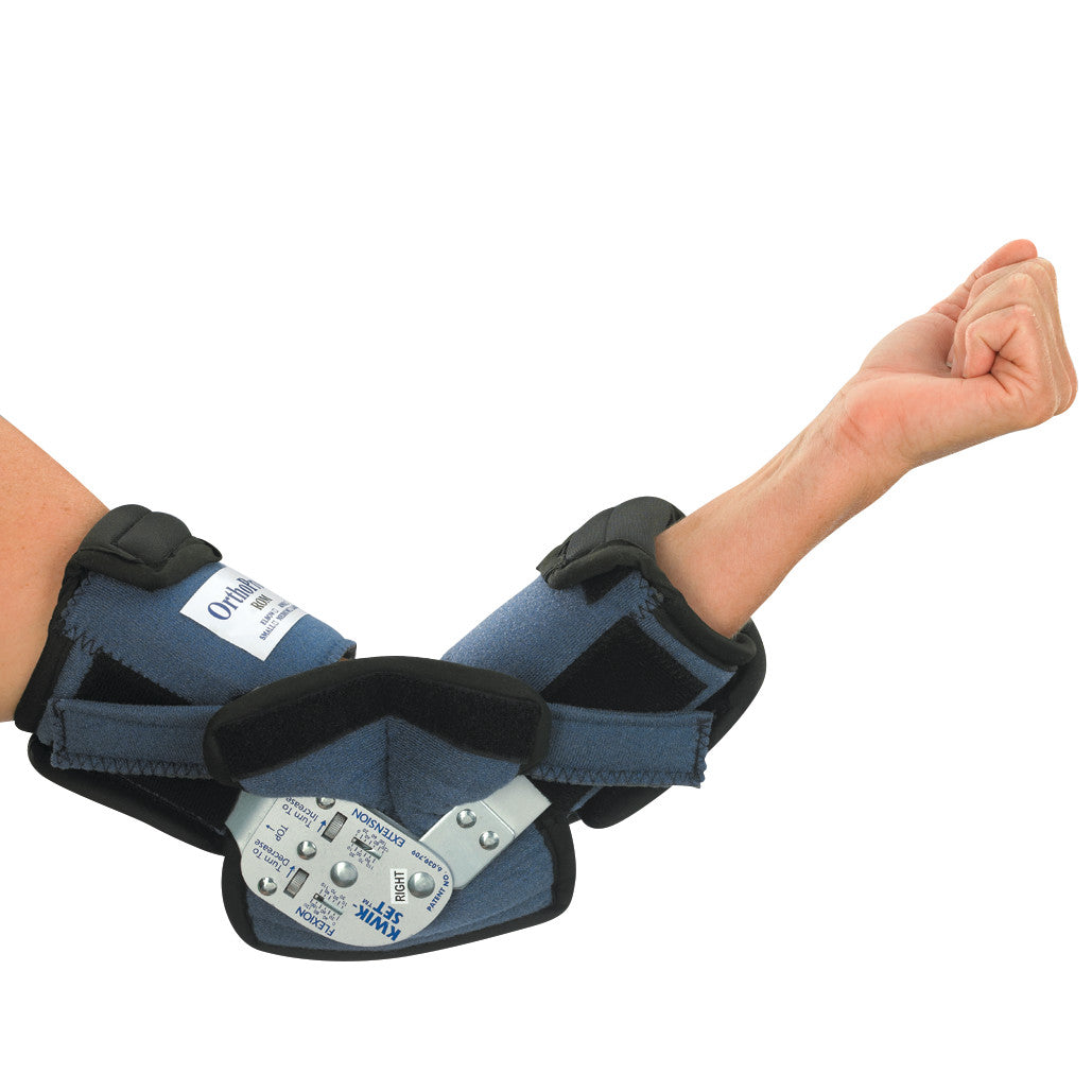 An arm wearing the OCSI OrthoPro ROM Elbow Orthosis, a blue adjustable brace for stabilizing and supporting the elbow joint.