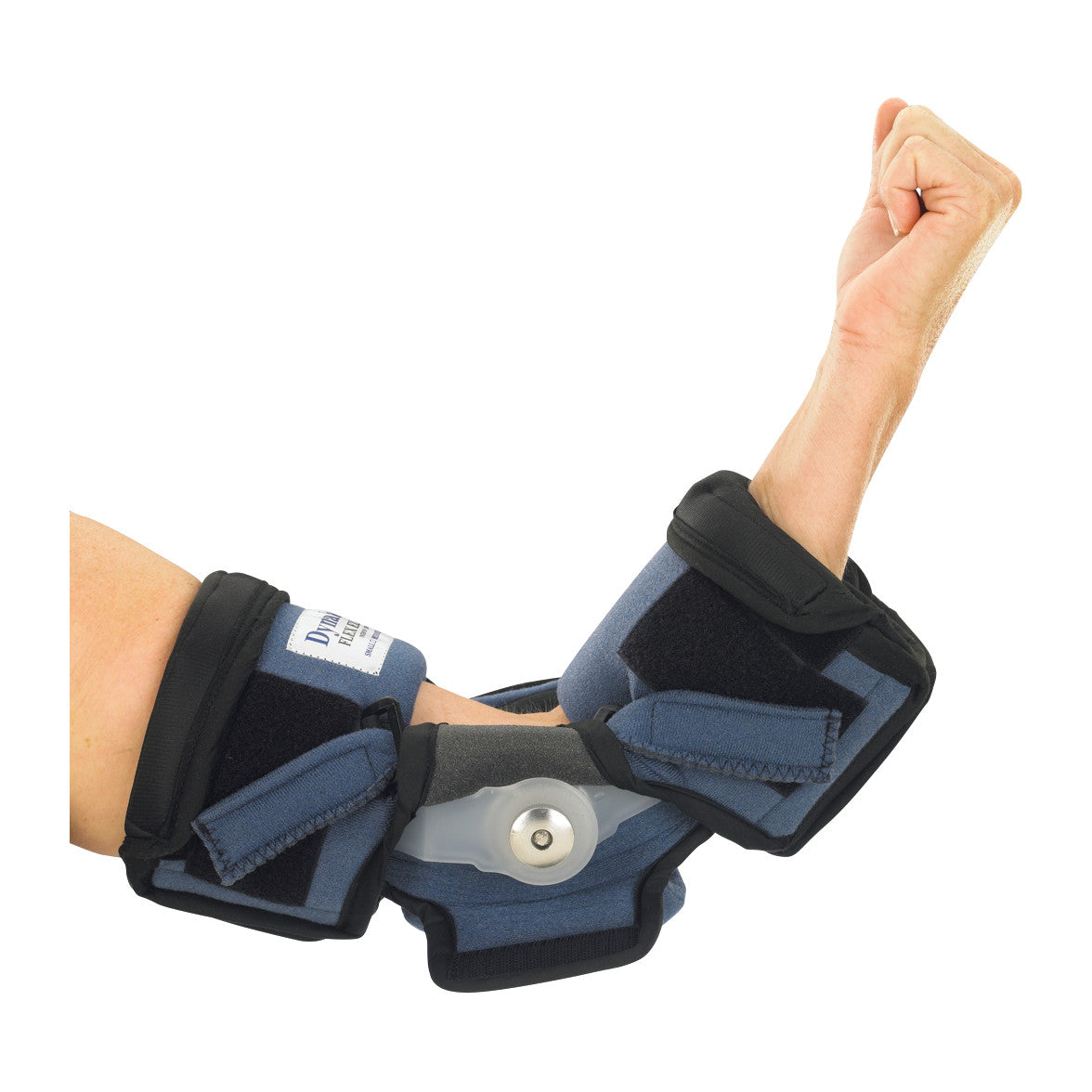 An arm is wearing an OCSI DynaPro Flex Elbow Orthosis, a blue and black adjustable support brace designed for elbow stabilization.