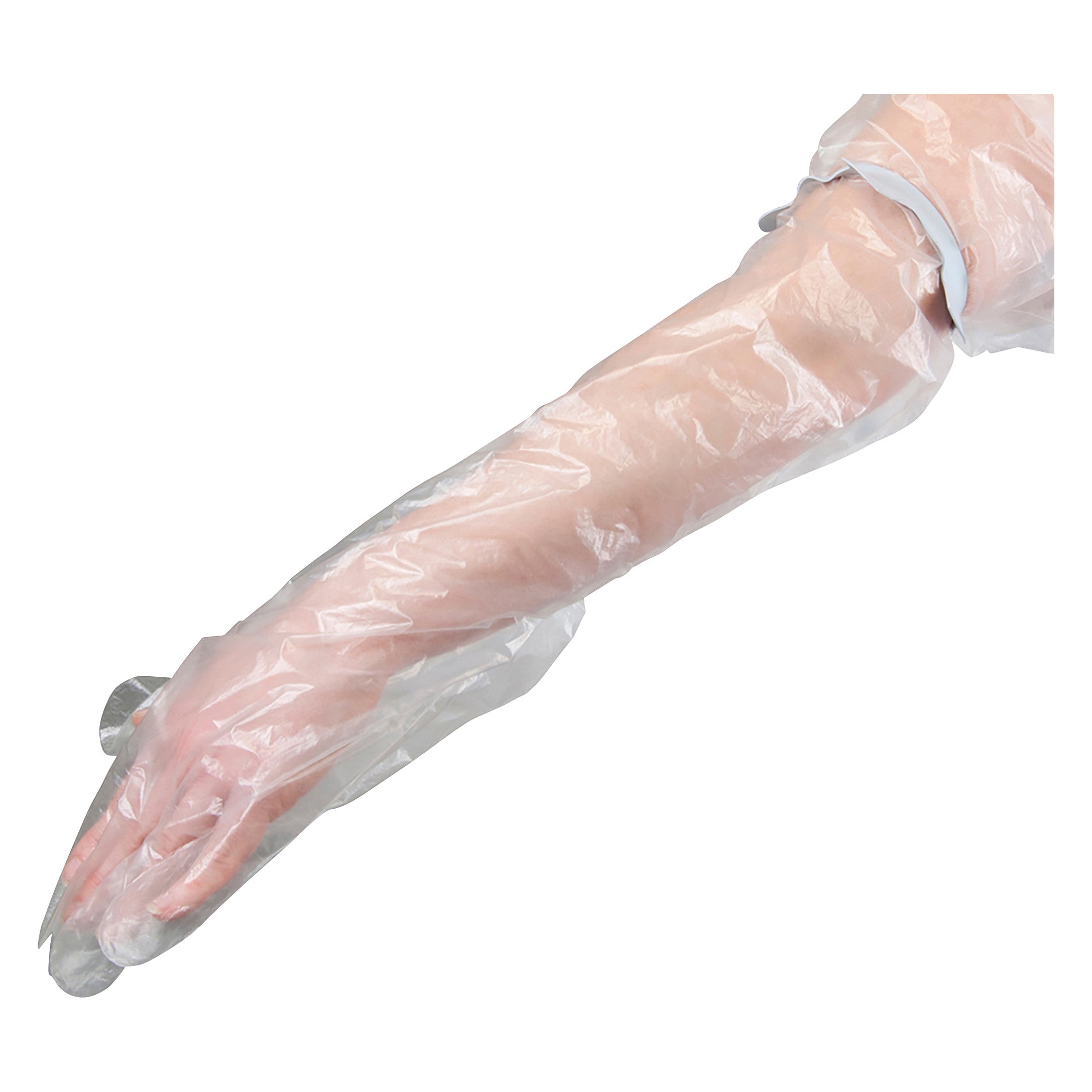 A person wearing the Brownmed SEAL-TIGHT Seal Band, a transparent plastic arm cover extending from hand to shoulder.