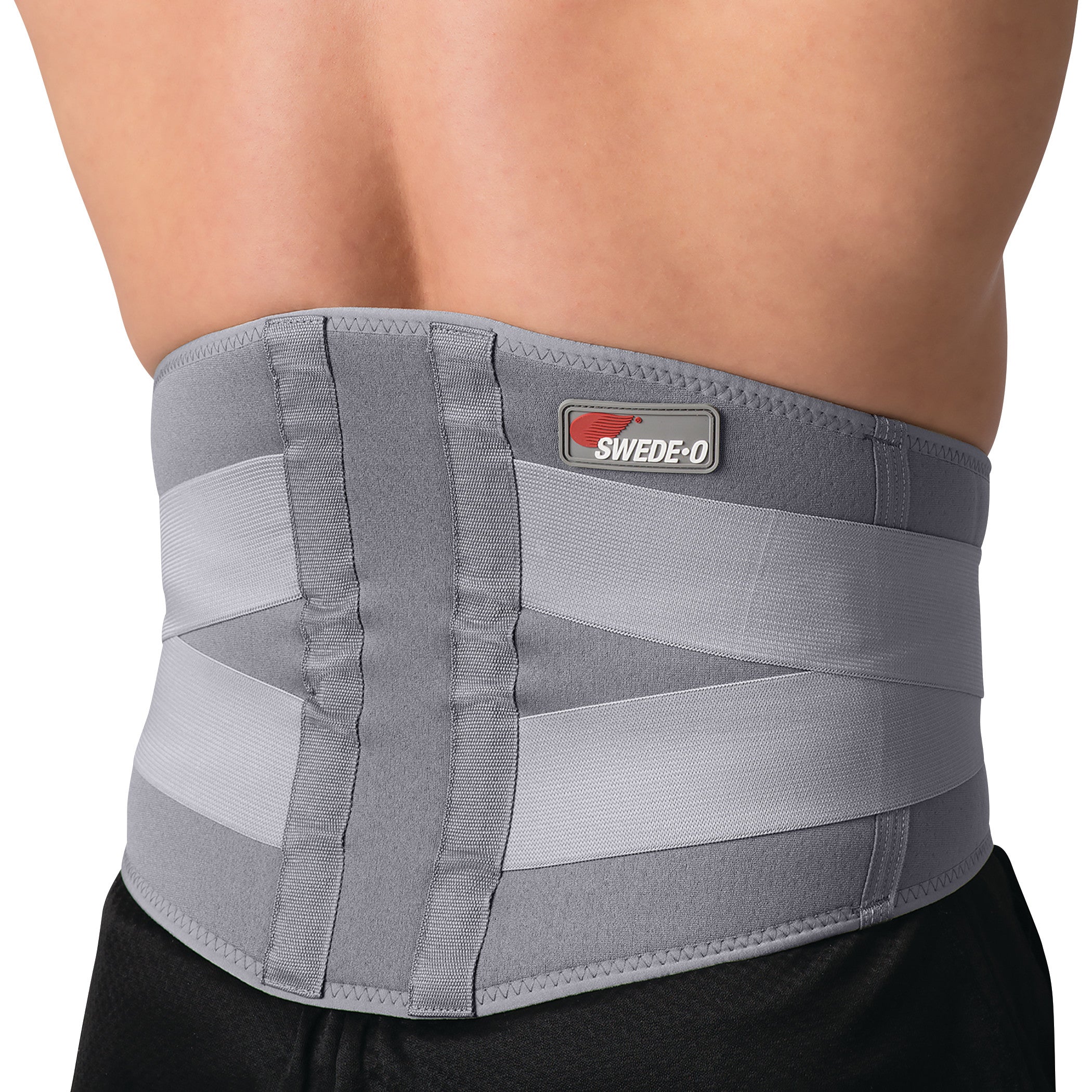 A person wears the Swede-O Thermal Lumbar Support, a gray back brace designed for stability and support.