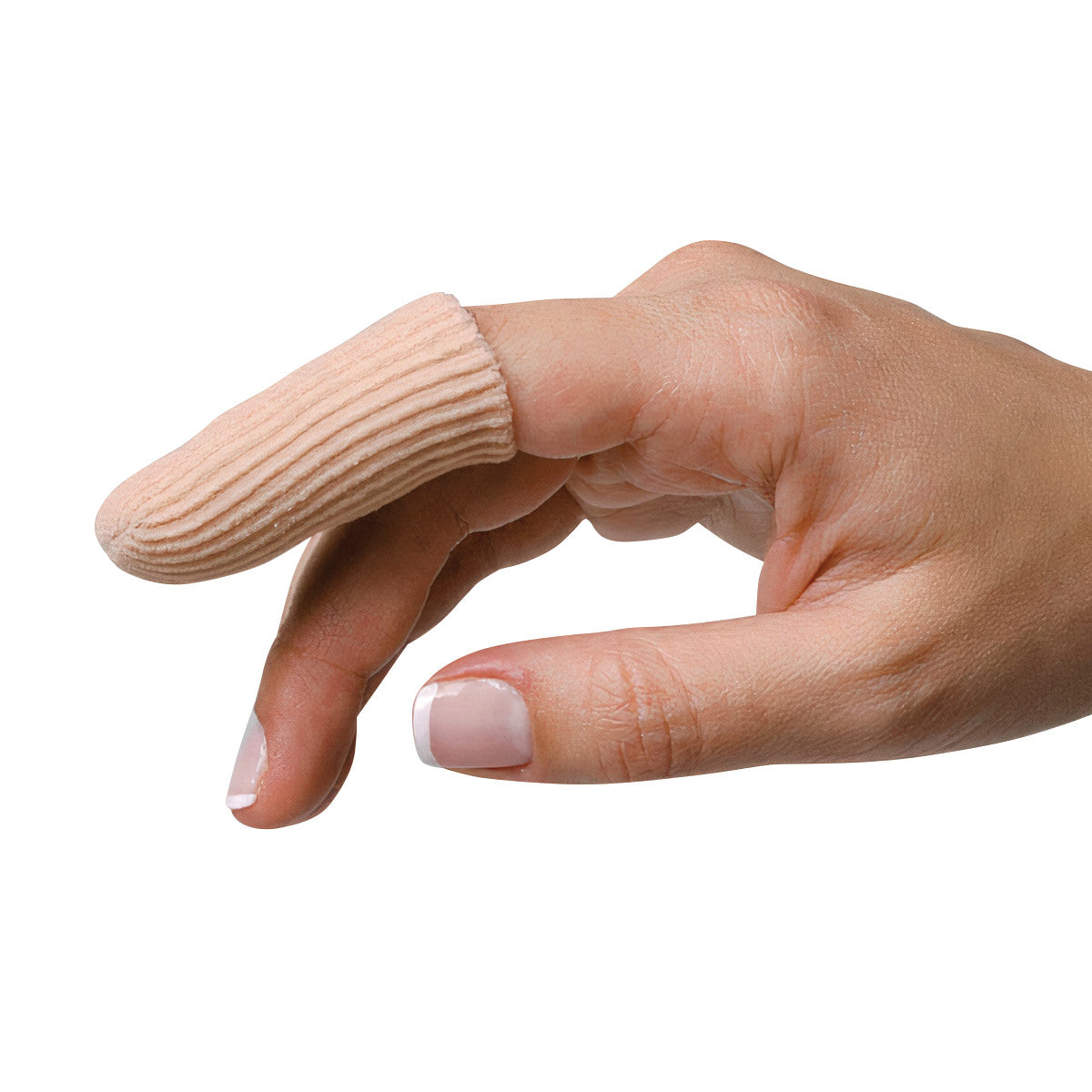 A hand is shown wearing a PediFix Visco-GEL Fabric-Covered Finger Protector on the index finger.