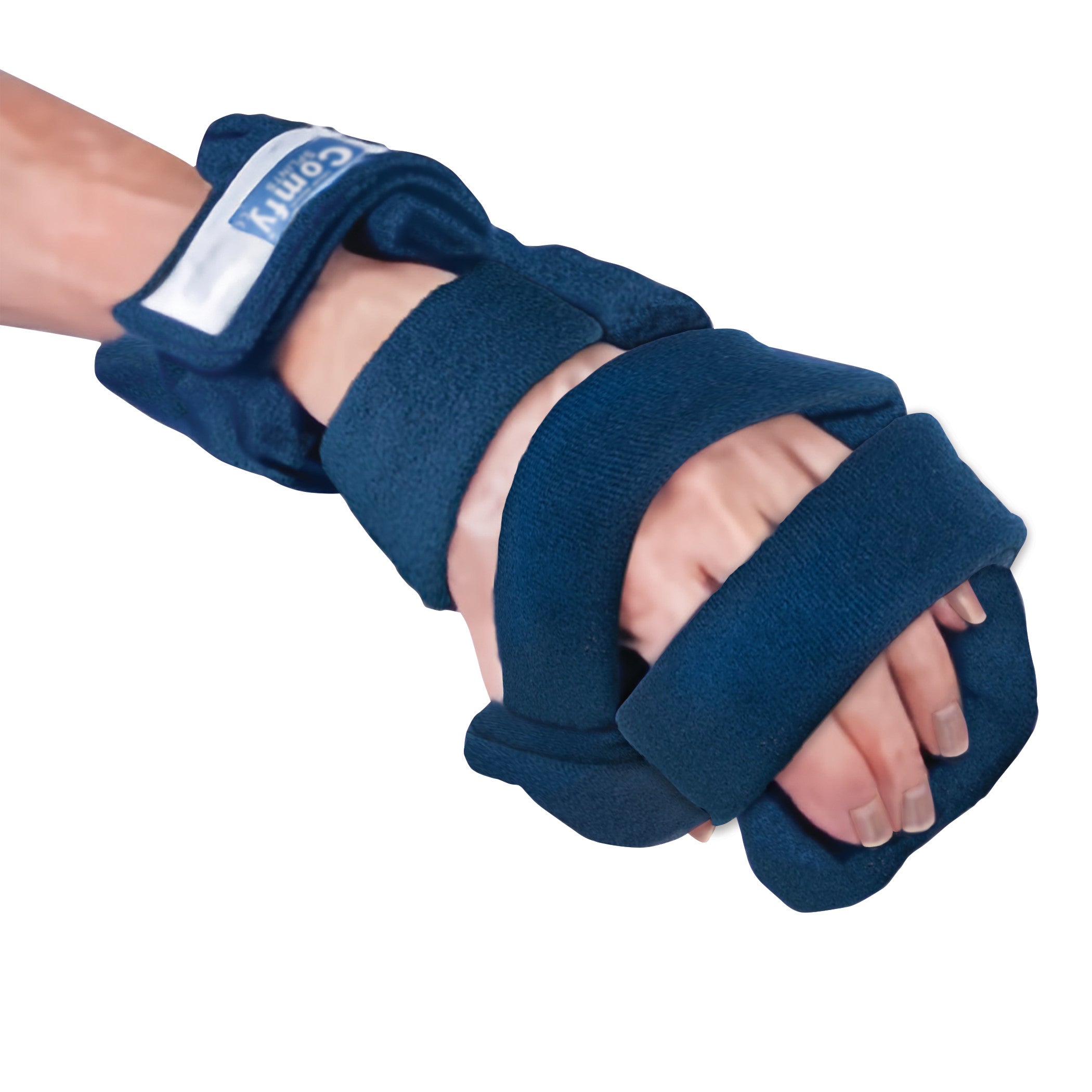 A hand wearing a Comfy Splints Adult Progressive Resting Hand Orthosis with blue padding and adjustable straps.