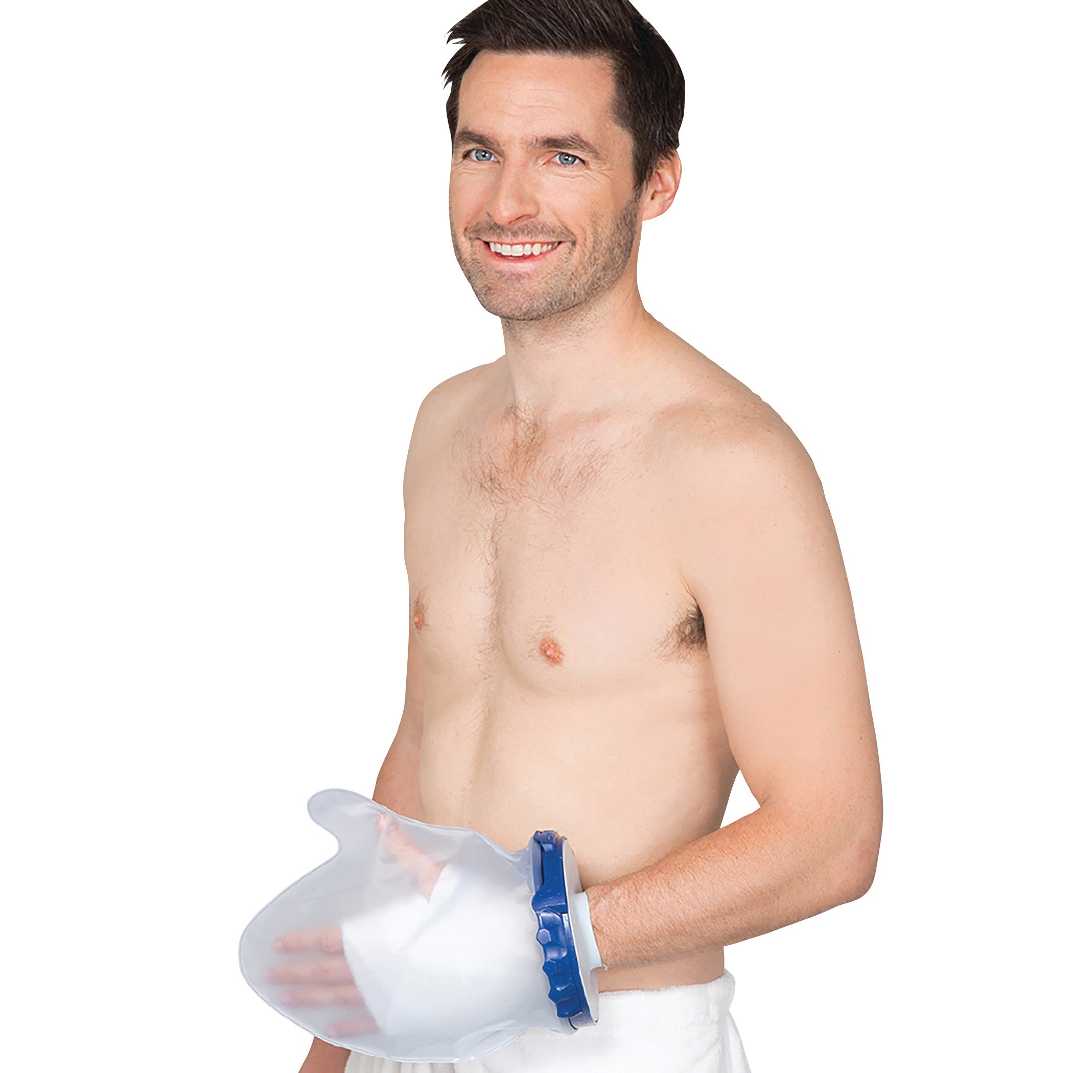 A shirtless man wears the Brownmed SEAL-TIGHT Infinity Cast Protector, which covers his right arm, secured with a blue ring.