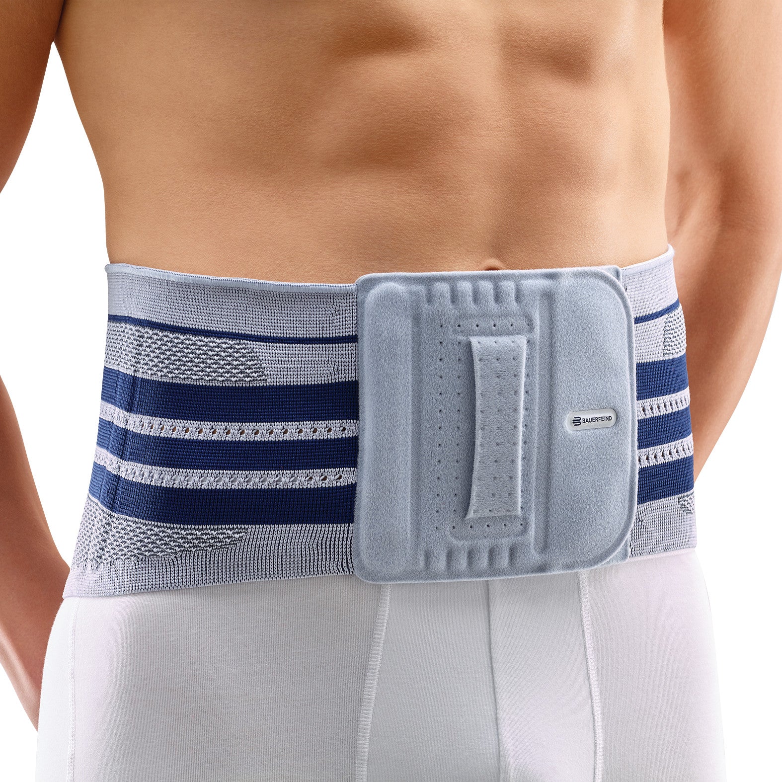 A person wearing the Bauerfeind LumboTrain Back Support, showing a gray brace with blue stripes around their lower back.
