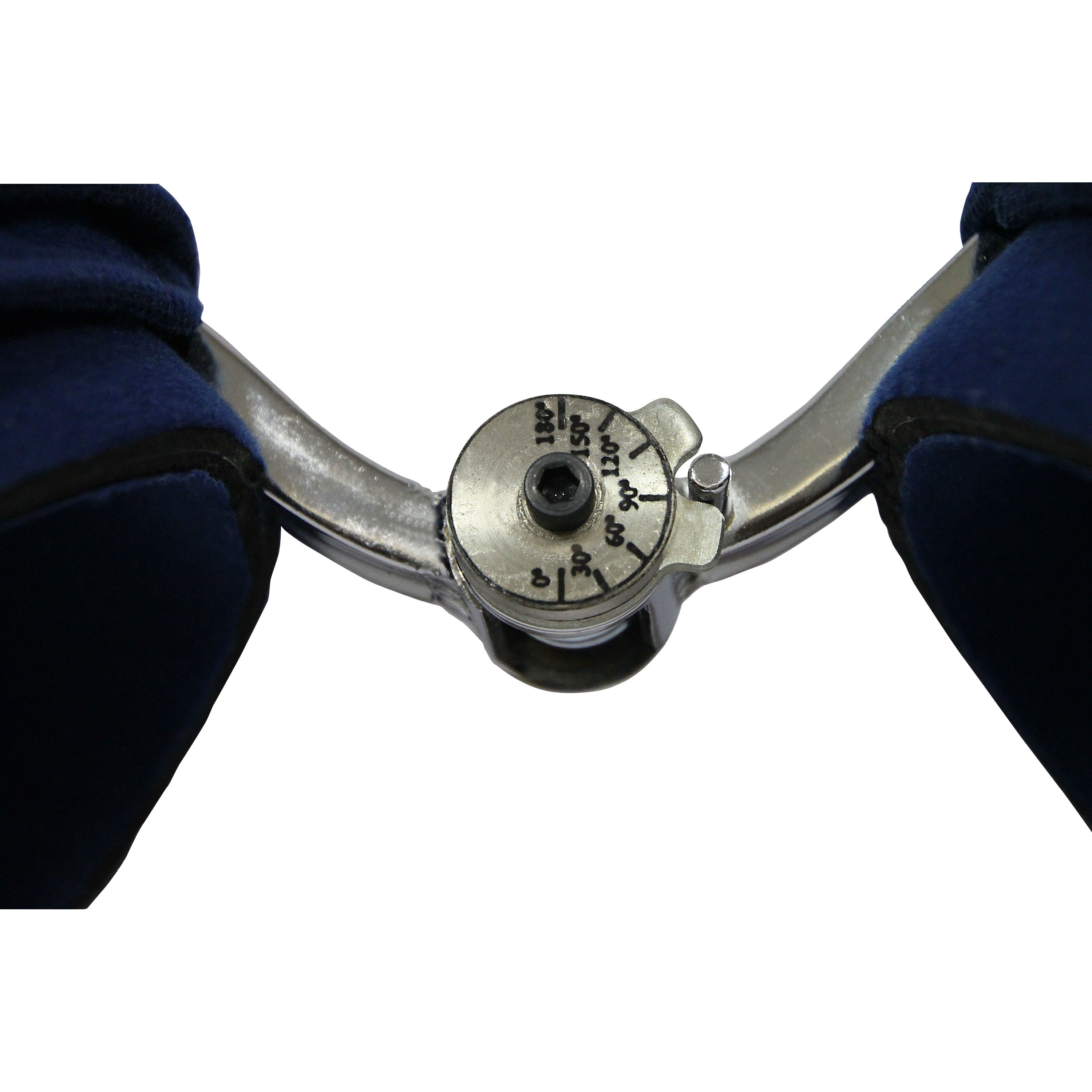Close-up of the Comfy Splints Adult Spring-Loaded Goniometer Elbow Orthosis, showing its metal adjustment dial and blue padding.