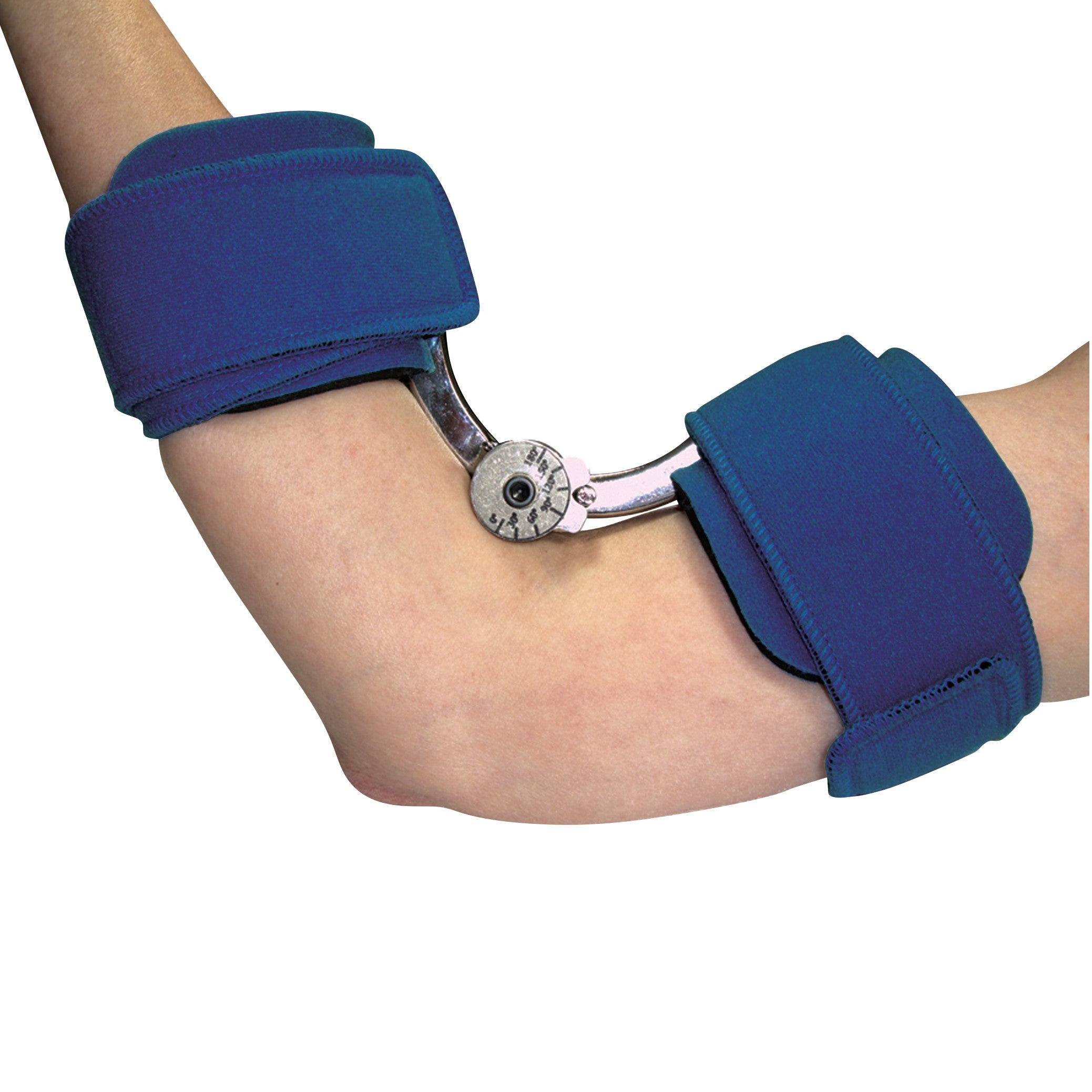 A Comfy Splints Adult Spring-Loaded Goniometer Elbow Orthosis is worn on an arm, featuring adjustable blue foam padding.